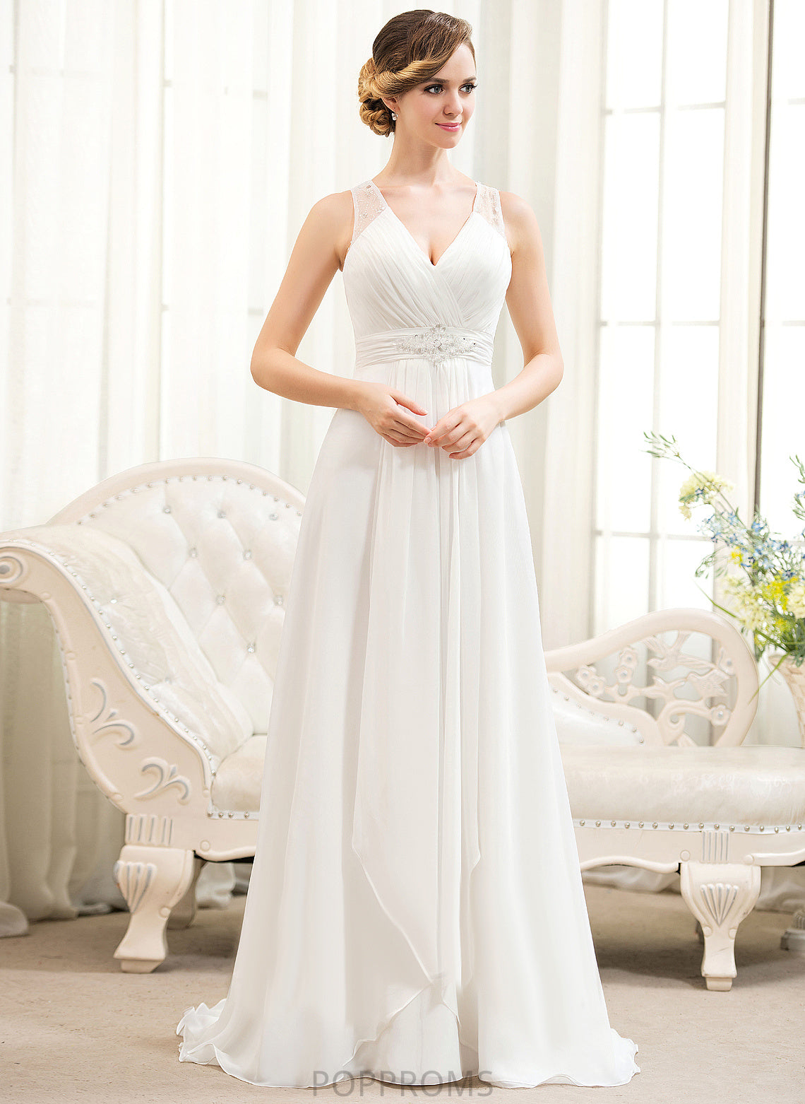 V-neck A-Line Cheyenne Dress With Cascading Wedding Sweep Beading Sequins Chiffon Tulle Wedding Dresses Train Ruffles