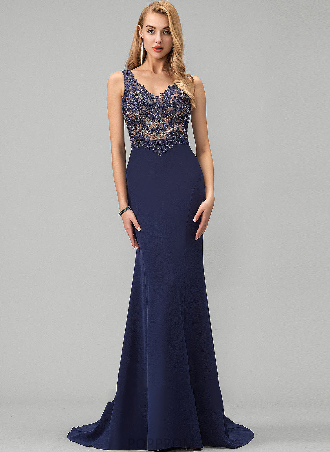 Sequins Trumpet/Mermaid Train V-neck Sweep Beading With Crepe Stretch Jayda Prom Dresses