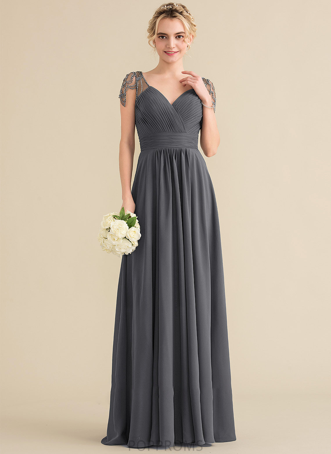 Ruffle Neckline Beading Floor-Length Sequins Length Embellishment Silhouette A-Line Fabric V-neck Elena Bridesmaid Dresses