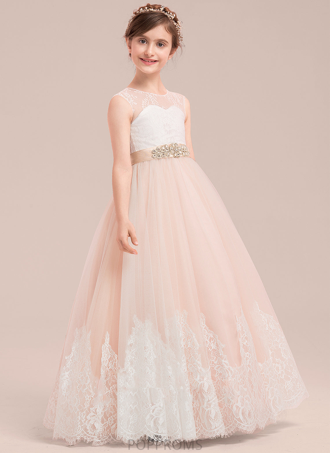 - Beading Satin/Tulle/Lace Ball-Gown/Princess Girl Dress Patti Scoop Floor-length Flower Girl Dresses Flower Neck With Sleeveless