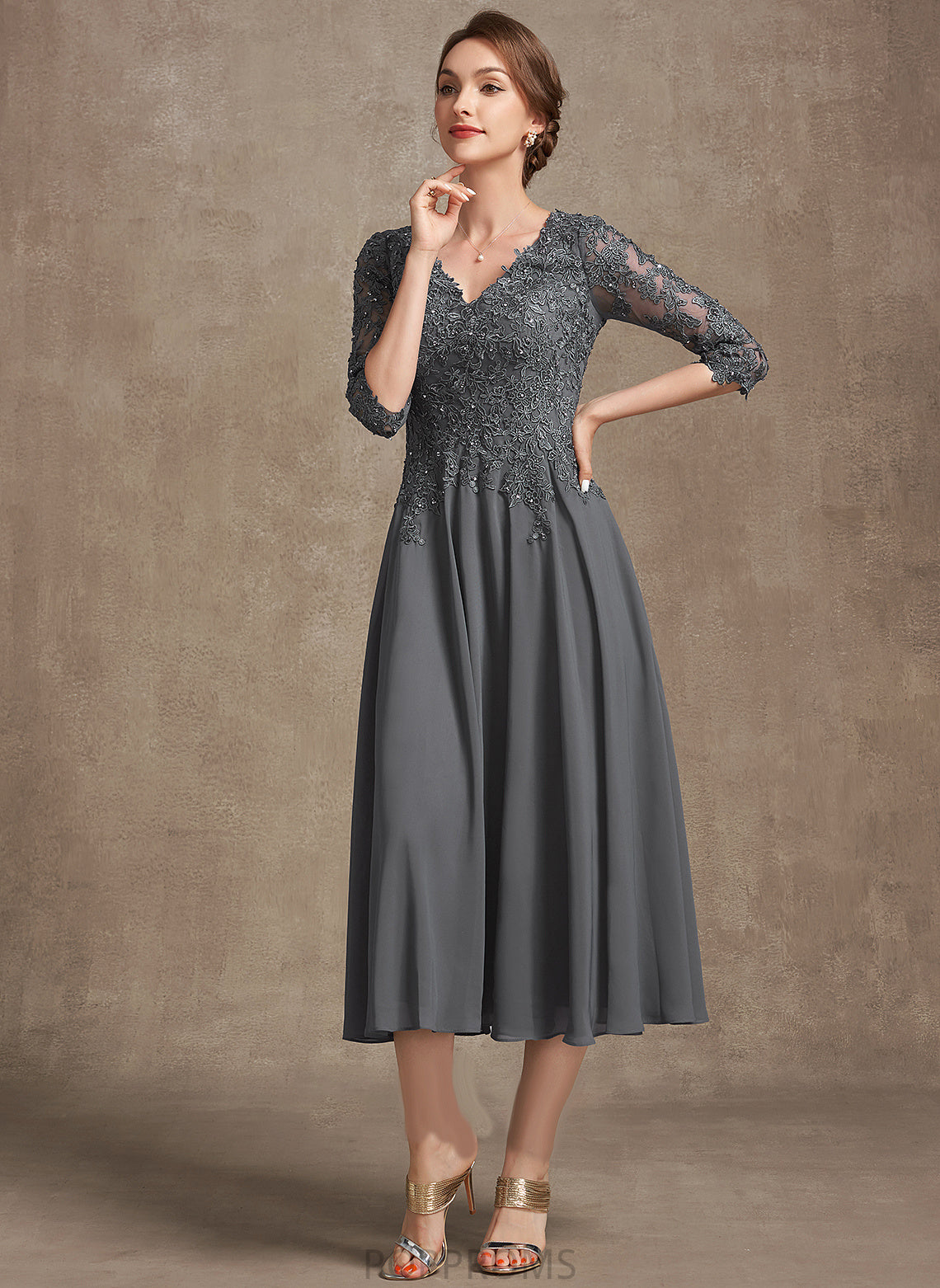 Bride Mother Sequins Chiffon Lace Dress A-Line the Tea-Length With V-neck Beading Mother of the Bride Dresses Wendy of