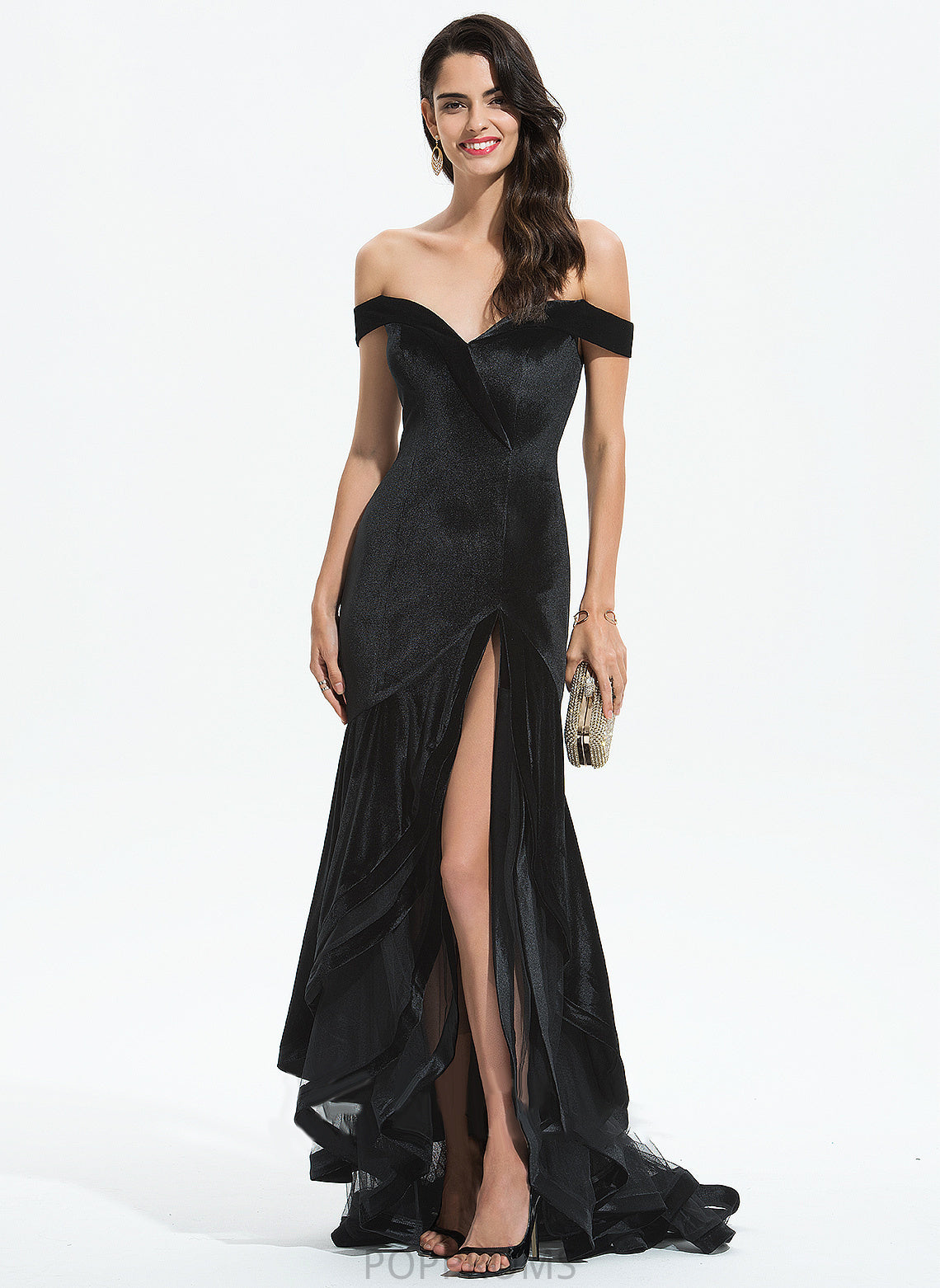 Train Danielle Sweep Trumpet/Mermaid Ruffles Prom Dresses Cascading Off-the-Shoulder Velvet With