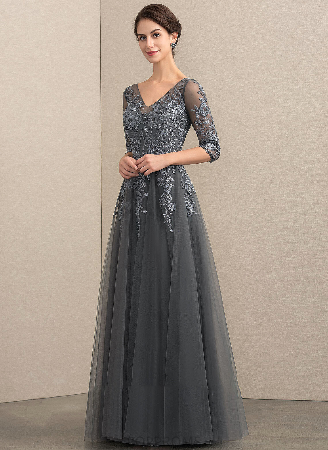 A-Line Dress Mother Mother of the Bride Dresses Beading Floor-Length Leslie the V-neck Sequins of Bride Lace With Tulle