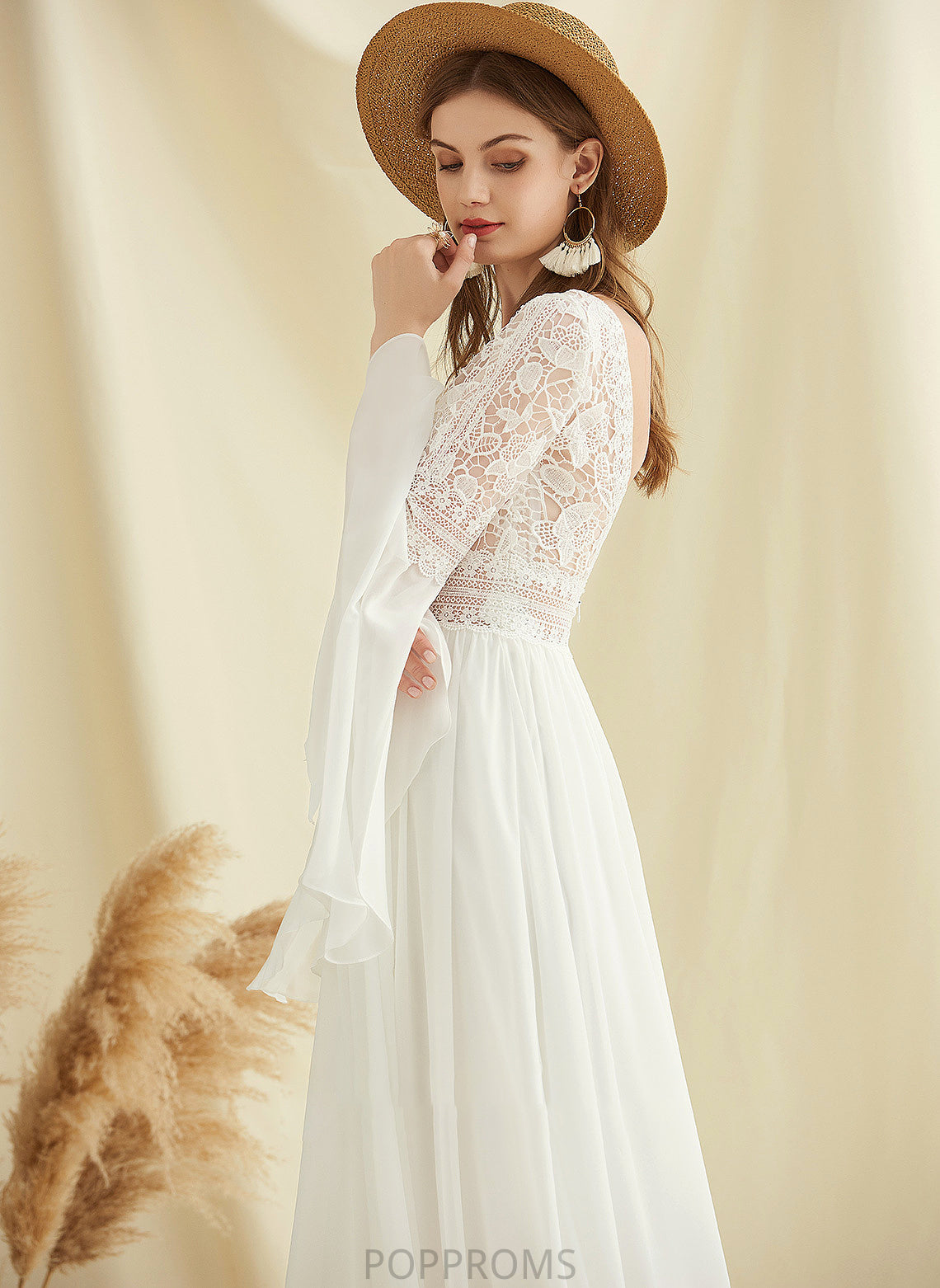 Train Wedding Dresses Split Sweep Chiffon A-Line With Macy Lace V-neck Front Wedding Dress