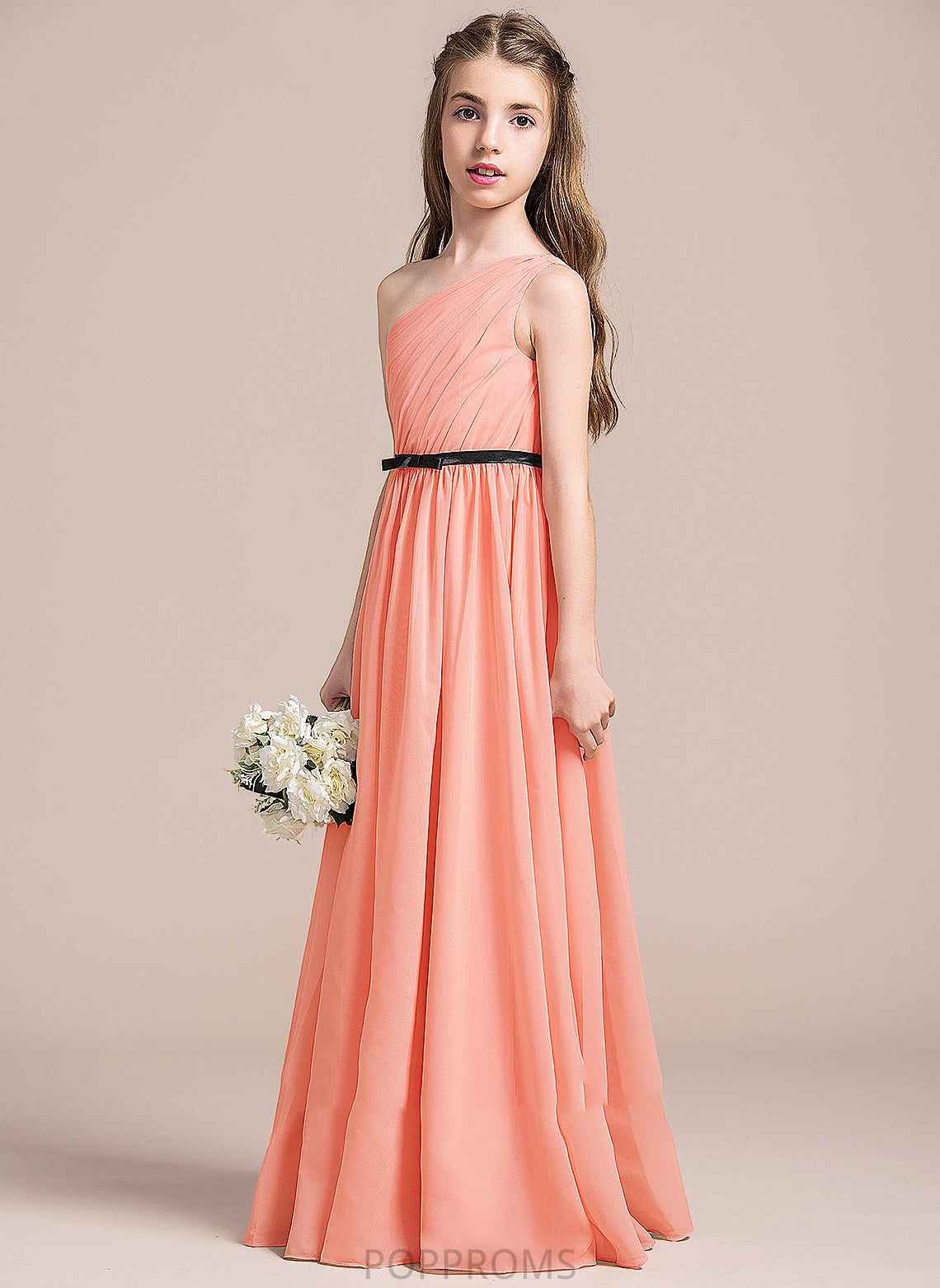 With A-Line Jo One-Shoulder Floor-Length Bow(s) Chiffon Ruffle Junior Bridesmaid Dresses