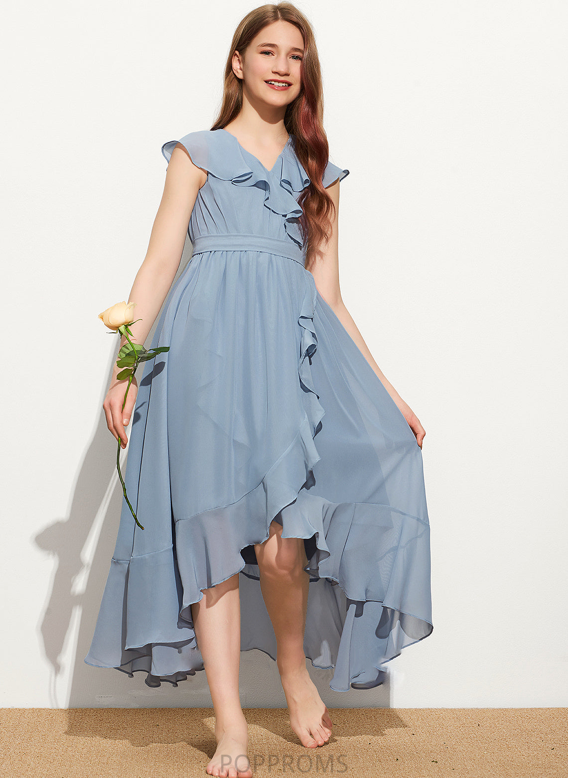 With Diana V-neck Asymmetrical A-Line Chiffon Ruffles Cascading Junior Bridesmaid Dresses Bow(s)