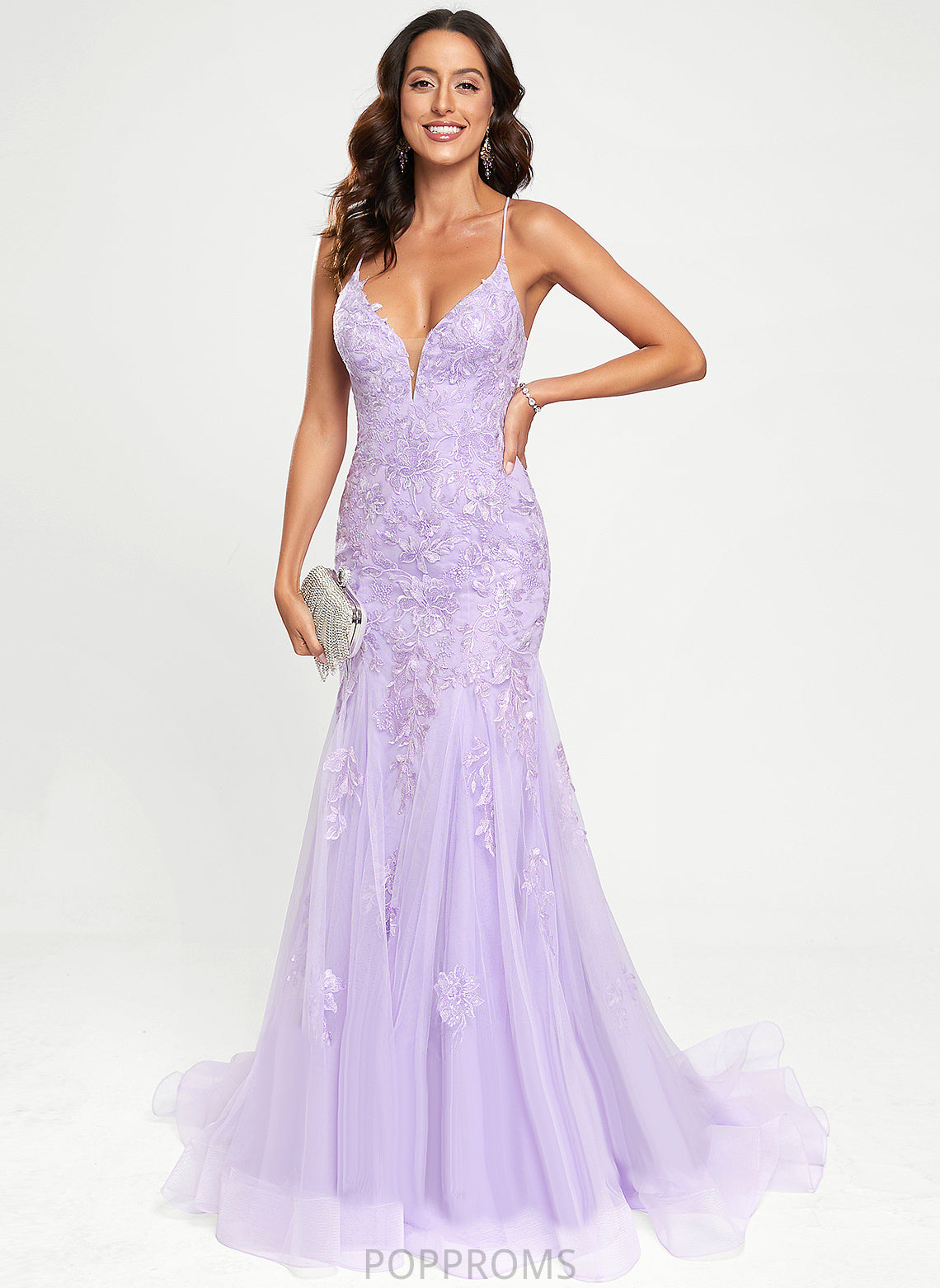 Sweep Damaris Tulle Lace With V-neck Train Trumpet/Mermaid Prom Dresses Sequins