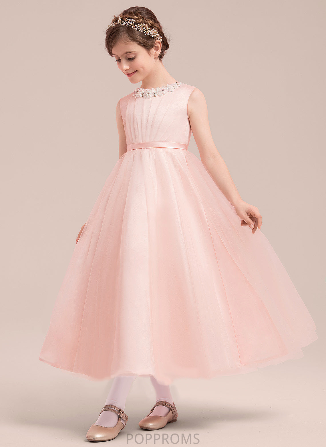 - Beading/Bow(s) Sleeveless Ankle-length A-Line/Princess Girl Juliana With Neck Flower Satin/Tulle Dress Flower Girl Dresses Scoop