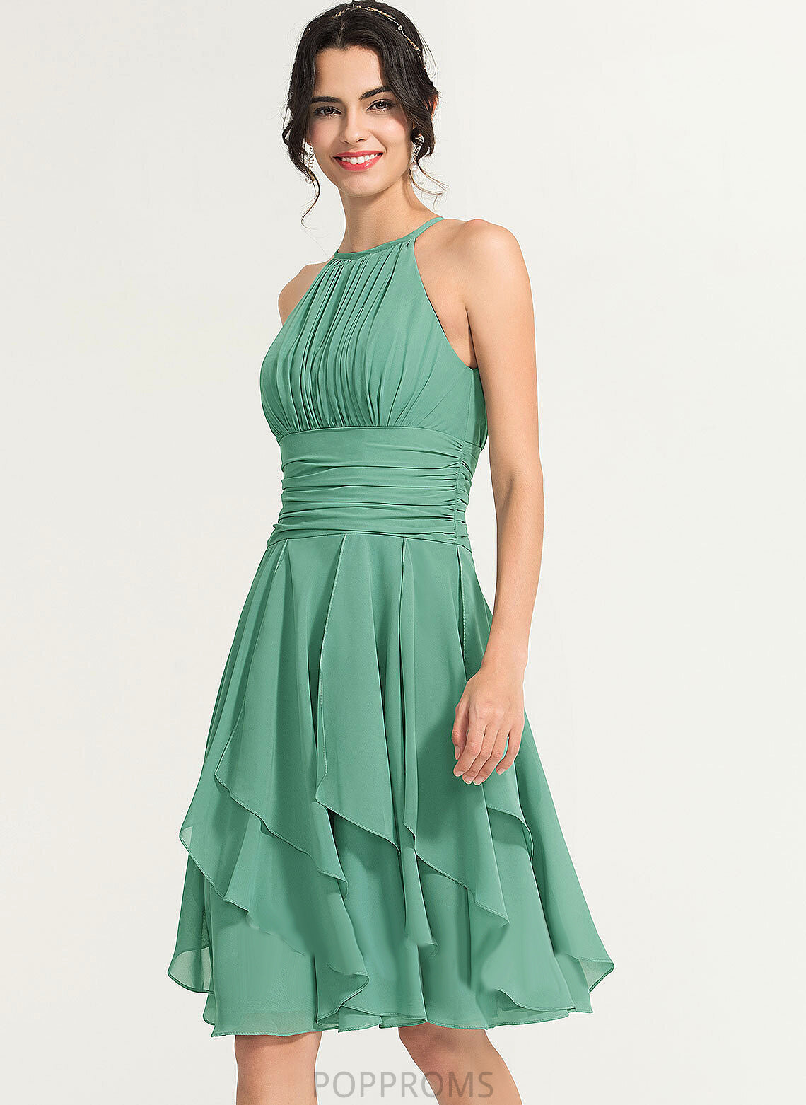 Knee-Length Cocktail Dress Scoop Cascading Chiffon A-Line Cocktail Dresses Ruffle Ruffles Lindsey With Neck