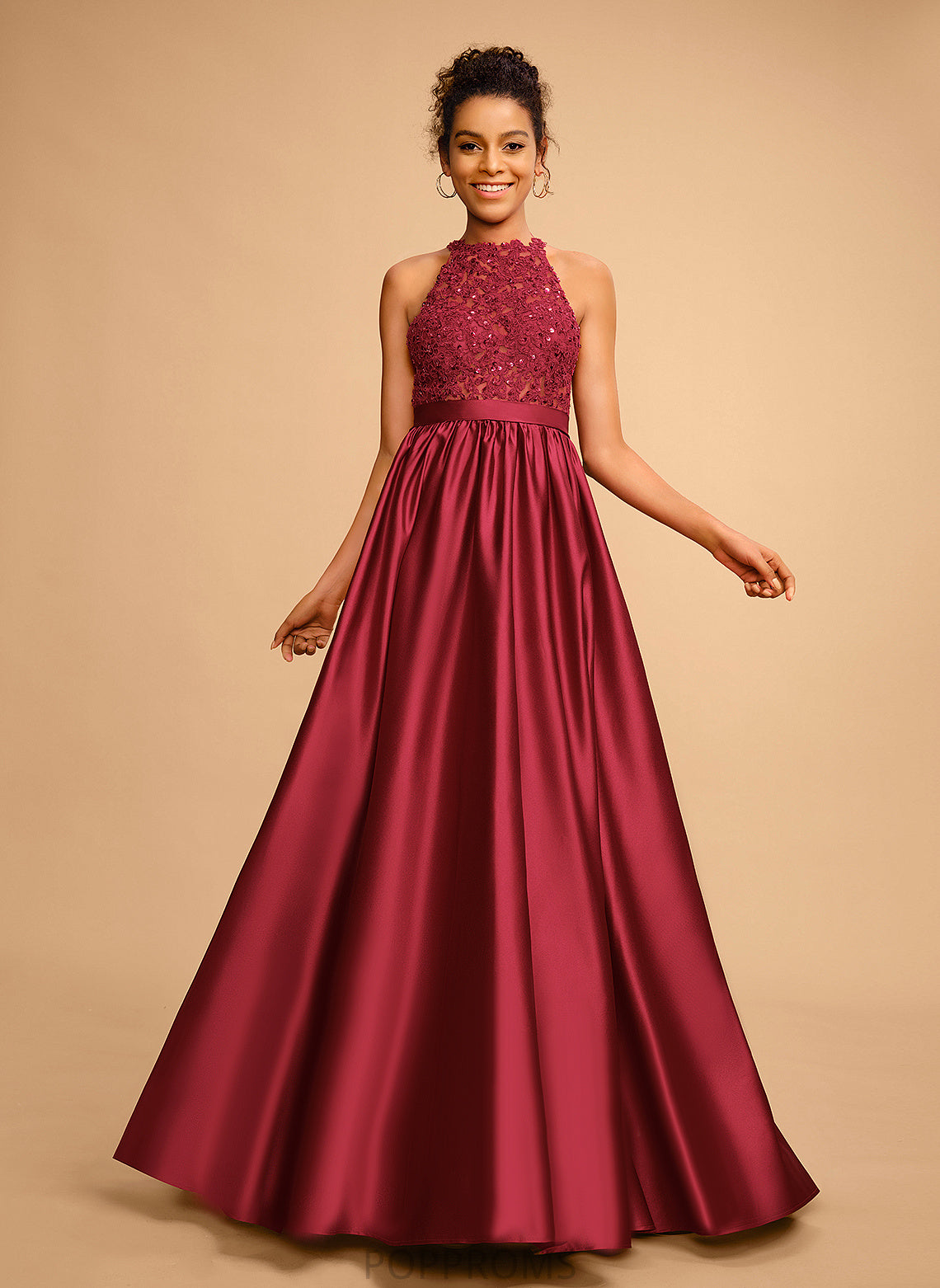 With Lace Halter Prom Dresses Sequins Satin Floor-Length Elvira Ball-Gown/Princess