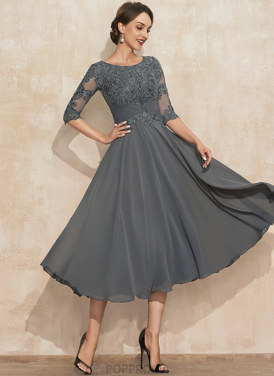 Sequins Tea-Length Lace With of Chiffon Dress the Athena Mother of the Bride Dresses Neck A-Line Bride Mother Scoop