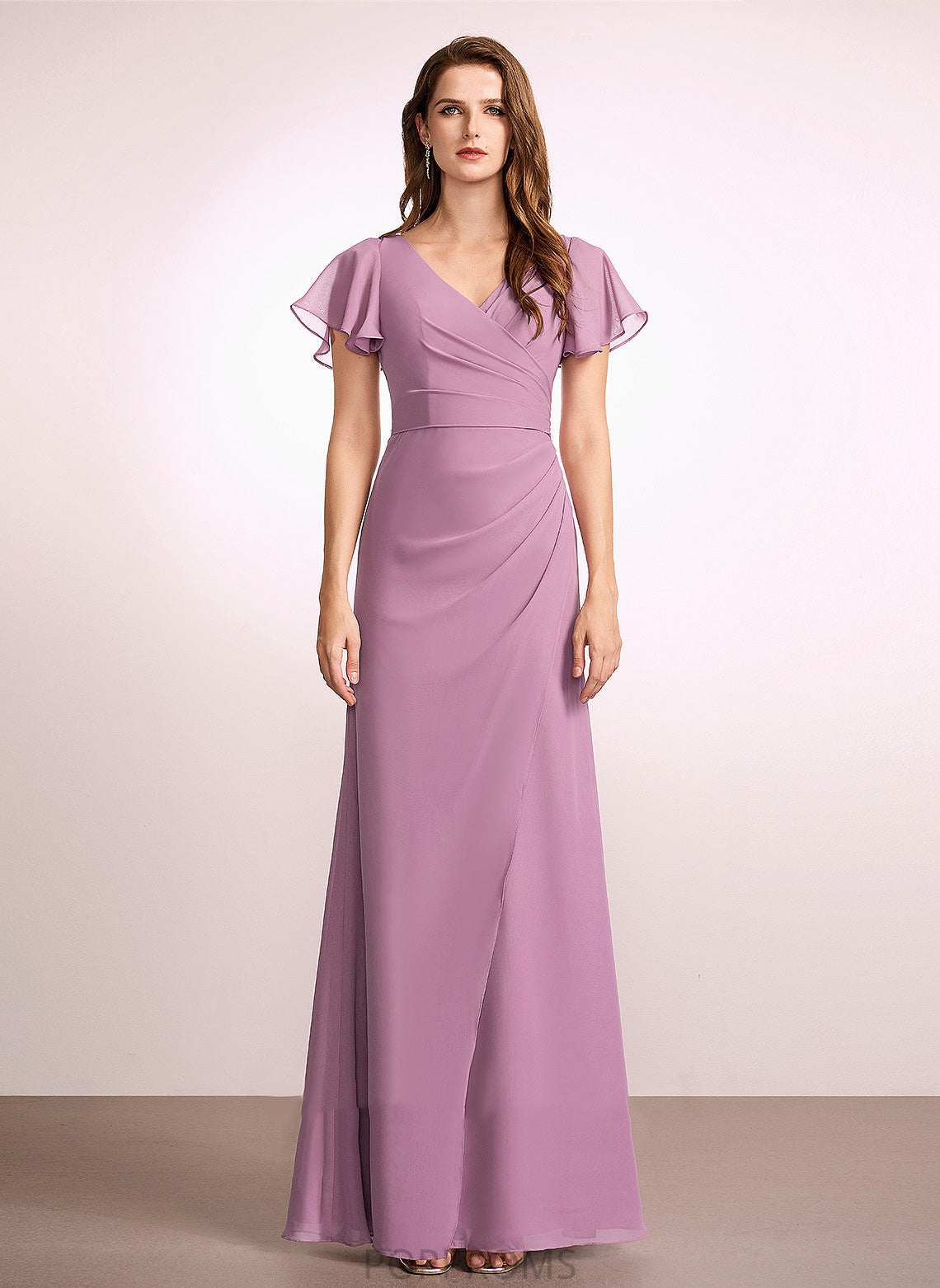 Silhouette Neckline Length Floor-Length Embellishment Ruffle Fabric V-neck Sheath/Column Lorelai Floor Length V-Neck Bridesmaid Dresses