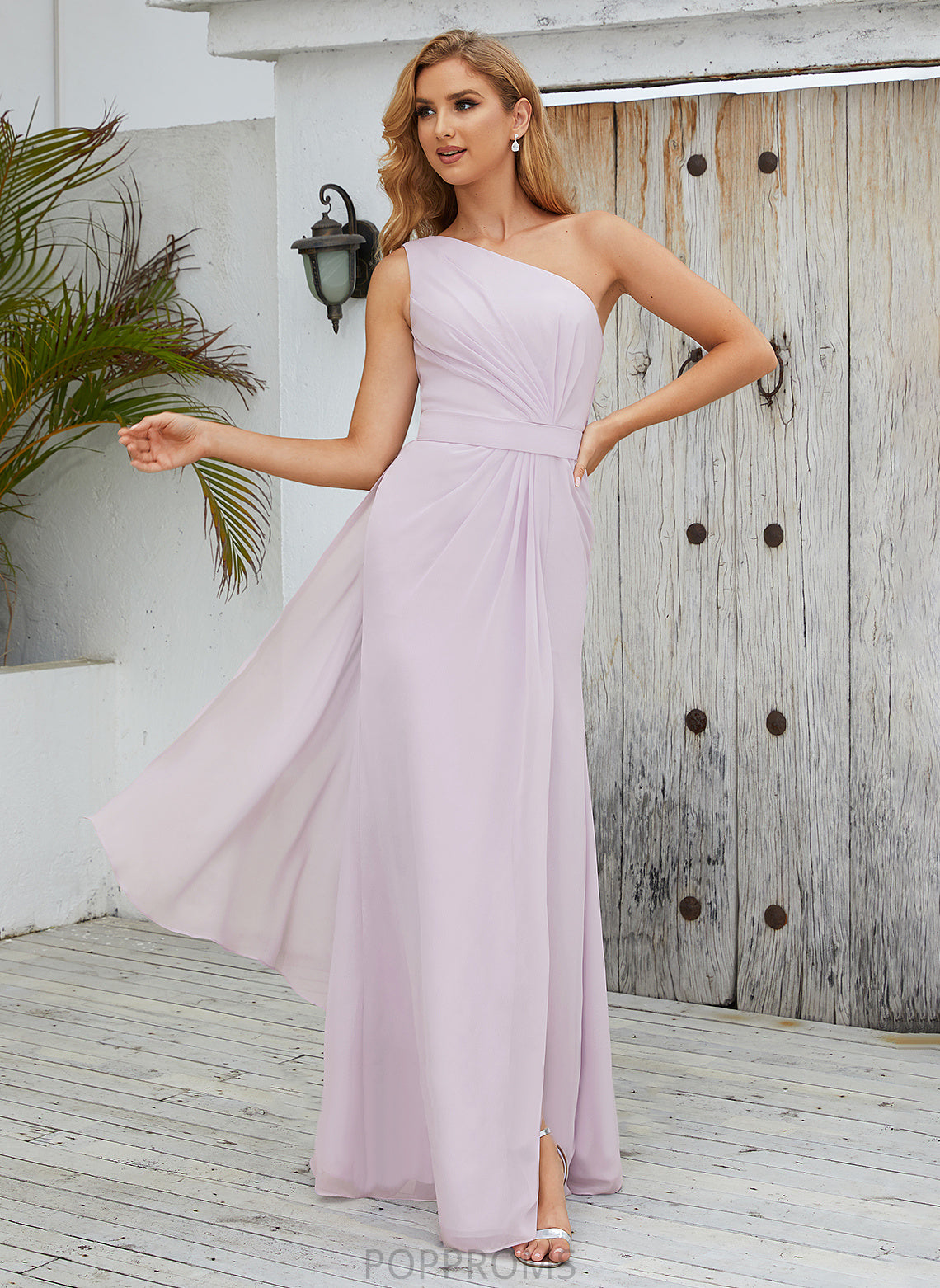 Floor-Length Length A-Line Embellishment Ruffle Neckline One-Shoulder Silhouette SplitFront Fabric Renata Natural Waist Bridesmaid Dresses