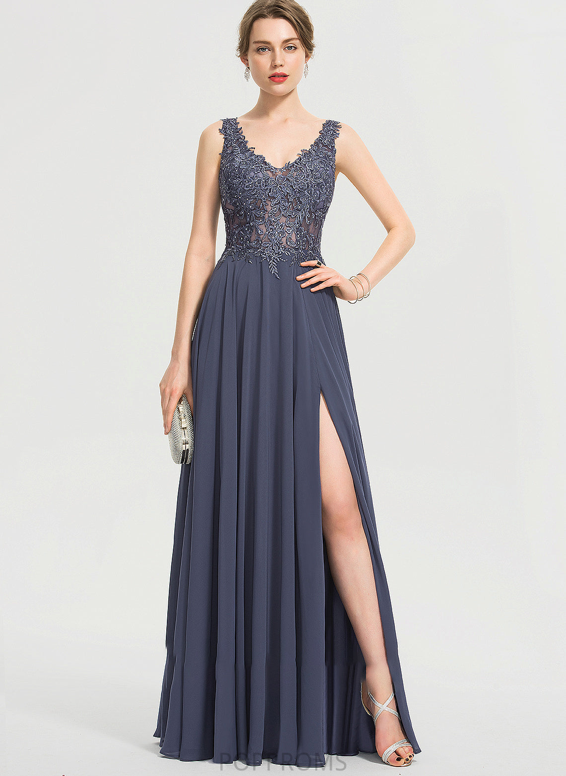 Chiffon Prom Dresses Split Sequins V-neck A-Line Malia With Front Floor-Length Beading