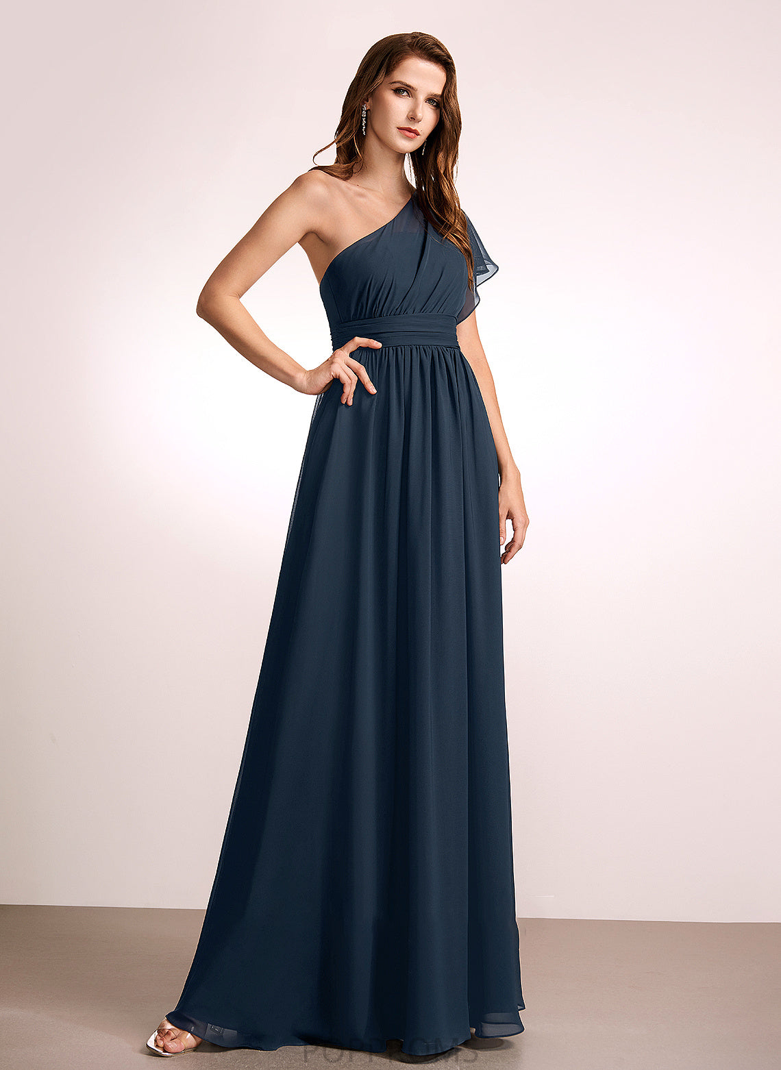 Ruffle Silhouette Length A-Line Embellishment One-Shoulder Fabric Neckline Floor-Length Mary Sleeveless Straps Bridesmaid Dresses