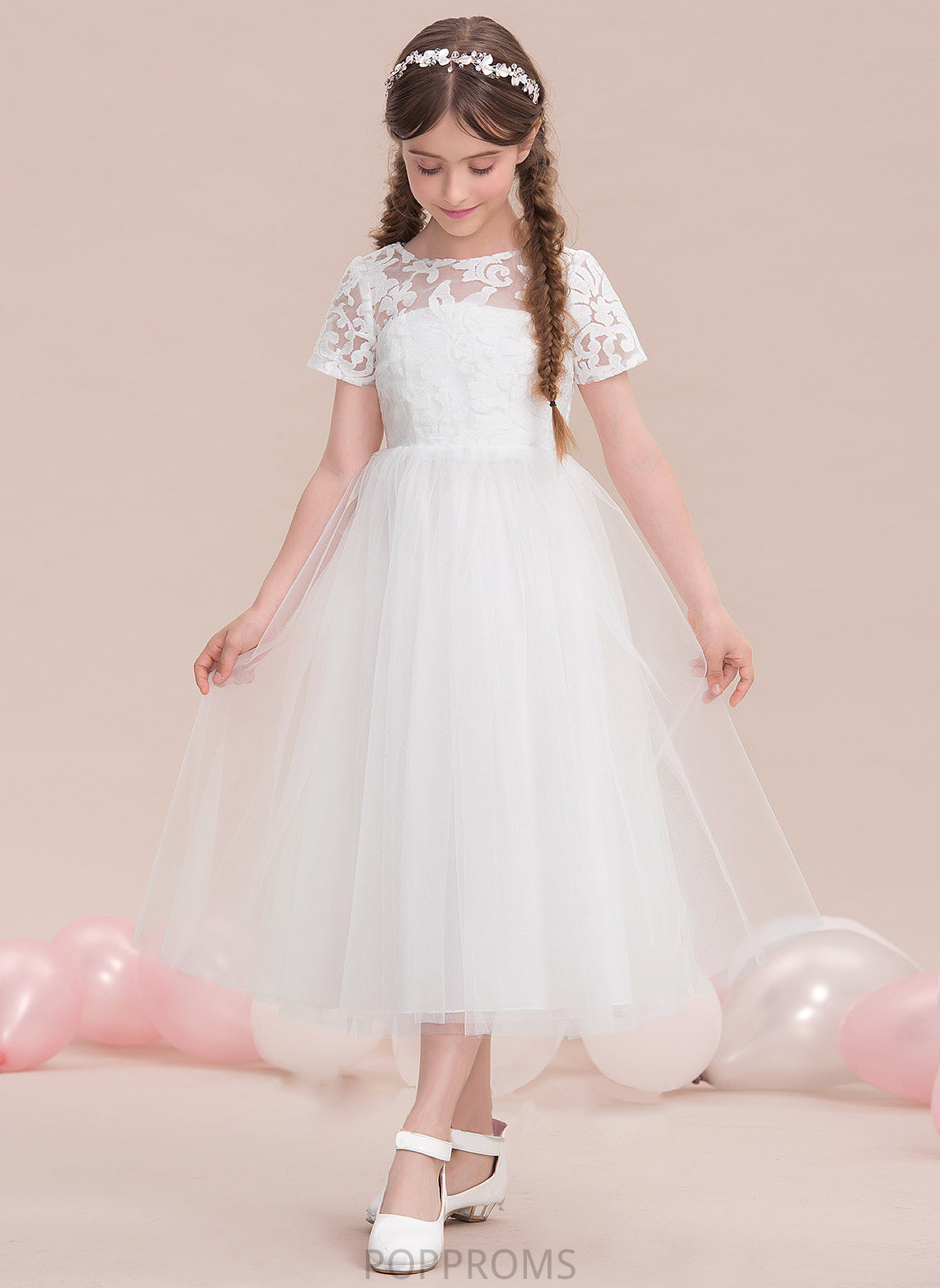 Tulle Tea-Length A-Line Neck Junior Bridesmaid Dresses Deanna Scoop