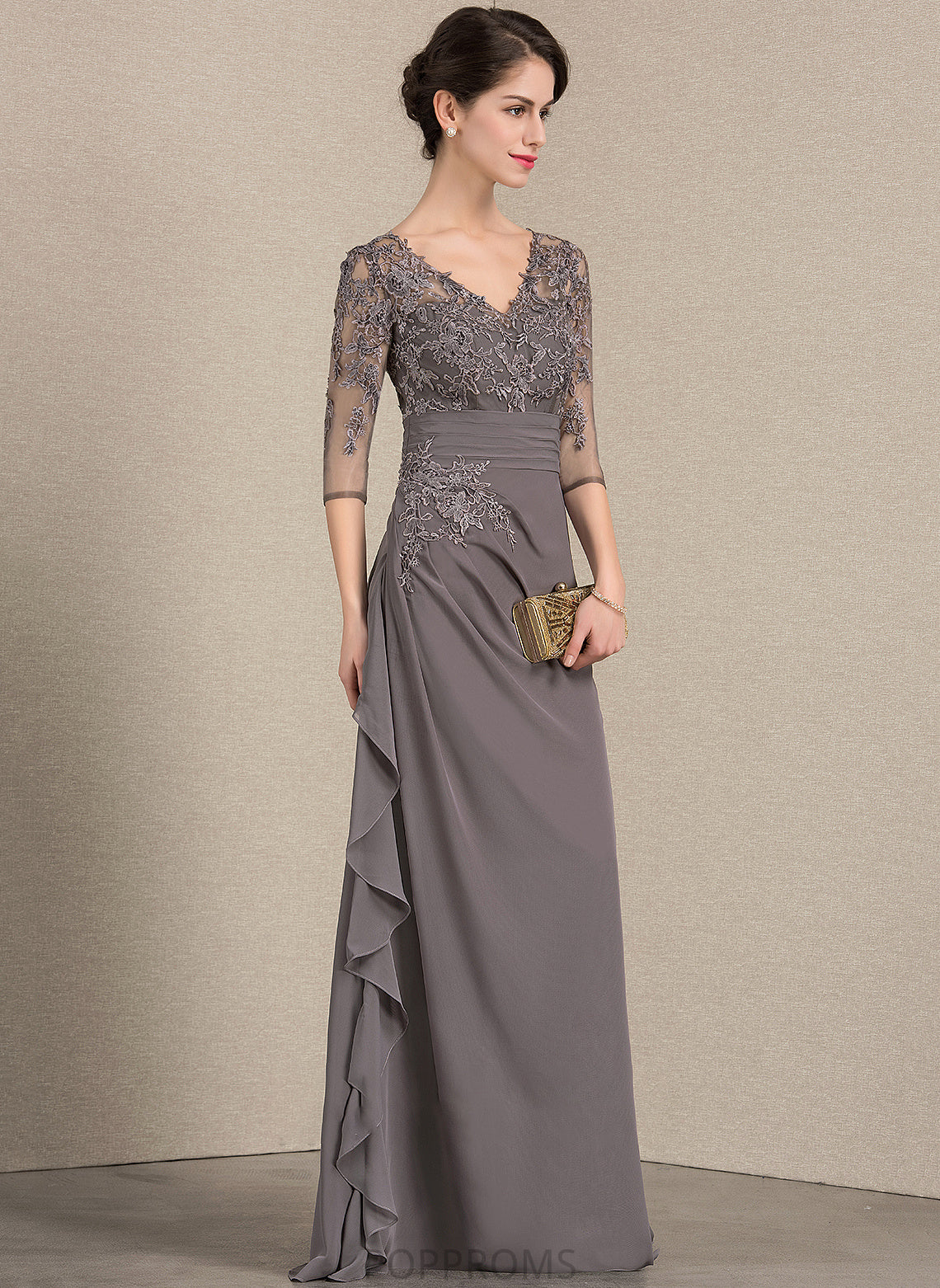 Chiffon Mother of the Bride Dresses Bride of V-neck Mother Floor-Length Lace With Sonia Cascading the Ruffles A-Line Dress