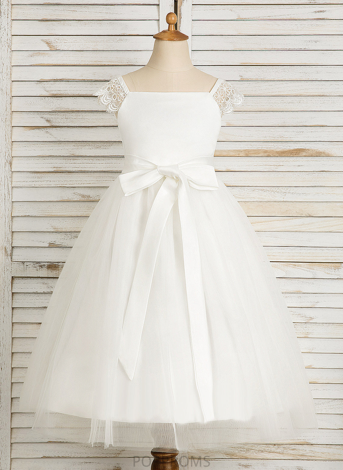 With Satin/Tulle Dress Flower Lace/Sash - Square Neckline Flower Girl Dresses Girl Tea-length A-Line Ellen Sleeveless