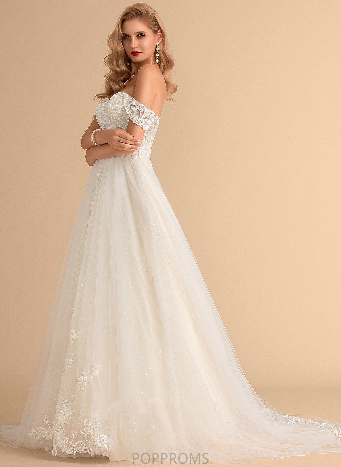 Ball-Gown/Princess Sequins Wedding Dresses Dress With Lace Off-the-Shoulder Brynn Wedding Train Tulle Court