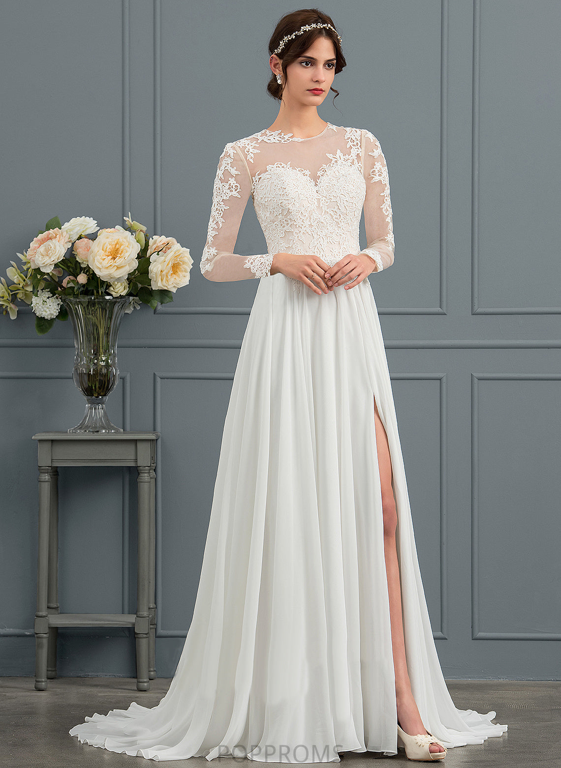 Wedding Train A-Line Split Illusion Appliques Dress With Chiffon Sweep Gianna Wedding Dresses Tulle Lace Front