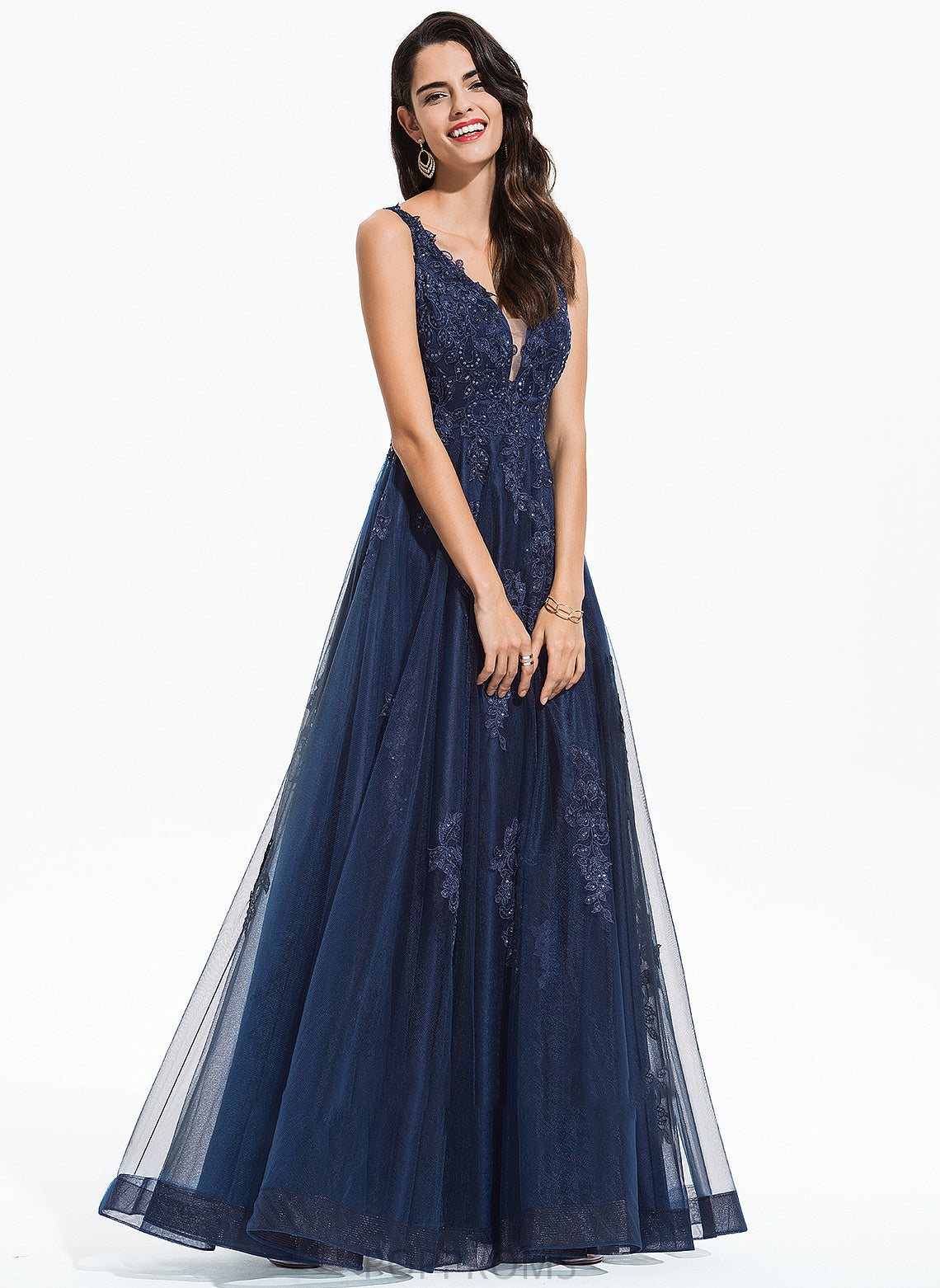 With V-neck Tulle A-Line Prom Dresses Floor-Length Sequins Cadence Lace