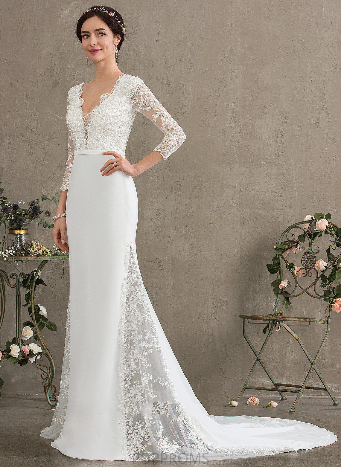 Chapel With Trumpet/Mermaid Dress Train Sequins Chiffon Beading V-neck Sal Wedding Lace Wedding Dresses