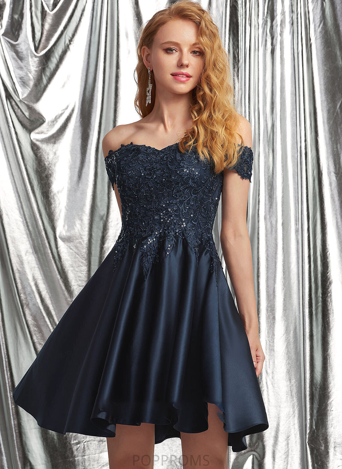 Sequins With Marianna Short/Mini A-Line Lace Off-the-Shoulder Satin Prom Dresses