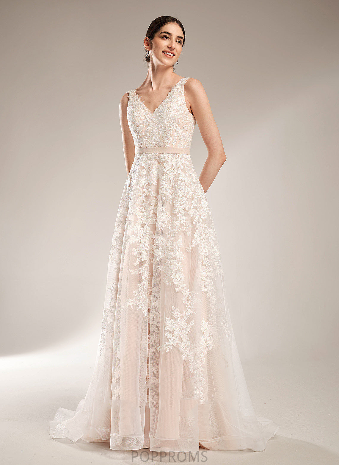 Court Wedding A-Line Dress Angela Wedding Dresses Train V-neck Tulle Lace