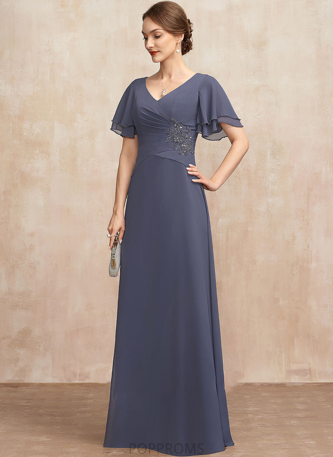 Dress of the Sanai Floor-Length Mother of the Bride Dresses A-Line V-neck Chiffon Beading Bride Ruffle Mother With