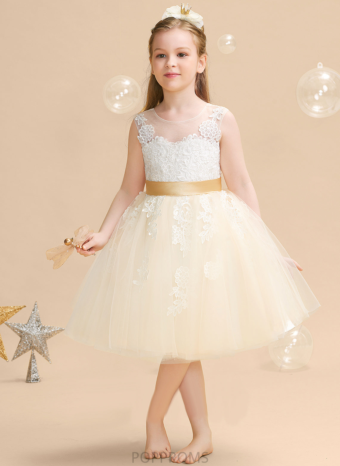 A-Line Knee-length - Scoop Neck Flower Back Appliques/V Girl Dress Laylah Satin/Tulle/Lace Flower Girl Dresses With Sleeveless