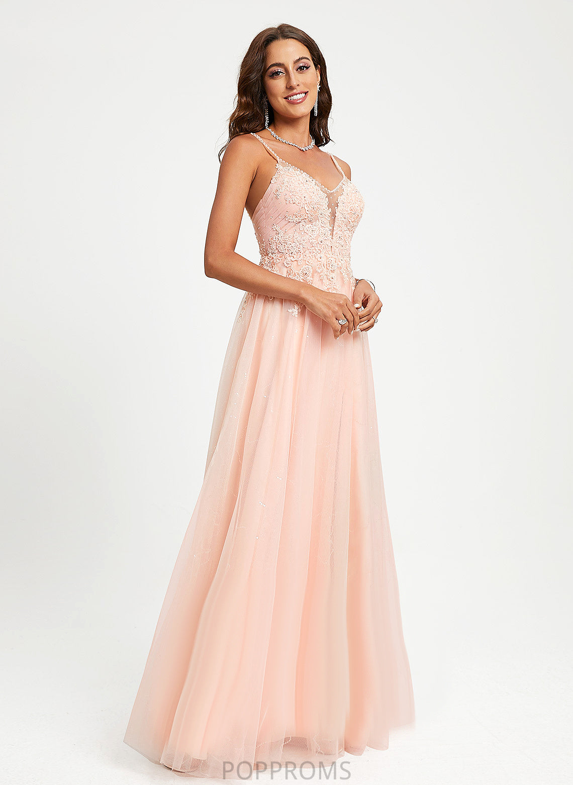 Beading V-neck Shayna Ball-Gown/Princess Floor-Length Sequins Lace Tulle Prom Dresses With