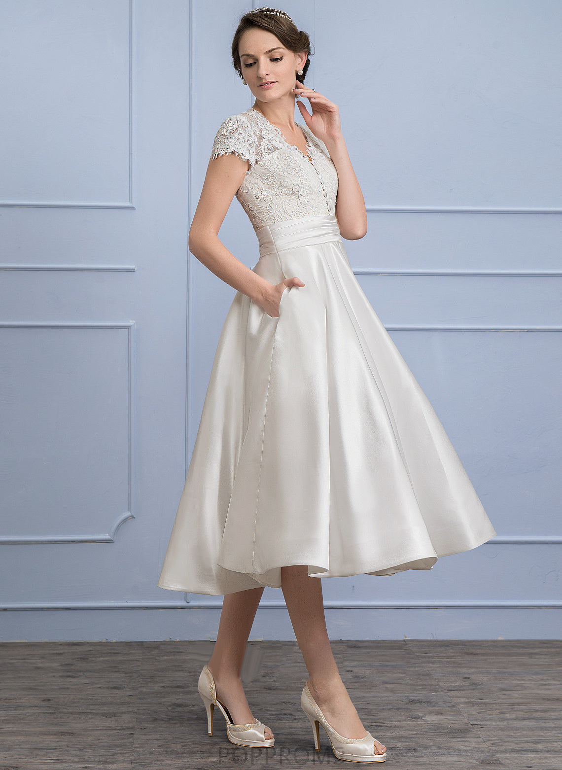 Wedding Londyn Pockets V-neck Wedding Dresses Satin Dress With Ruffle Lace Tea-Length A-Line