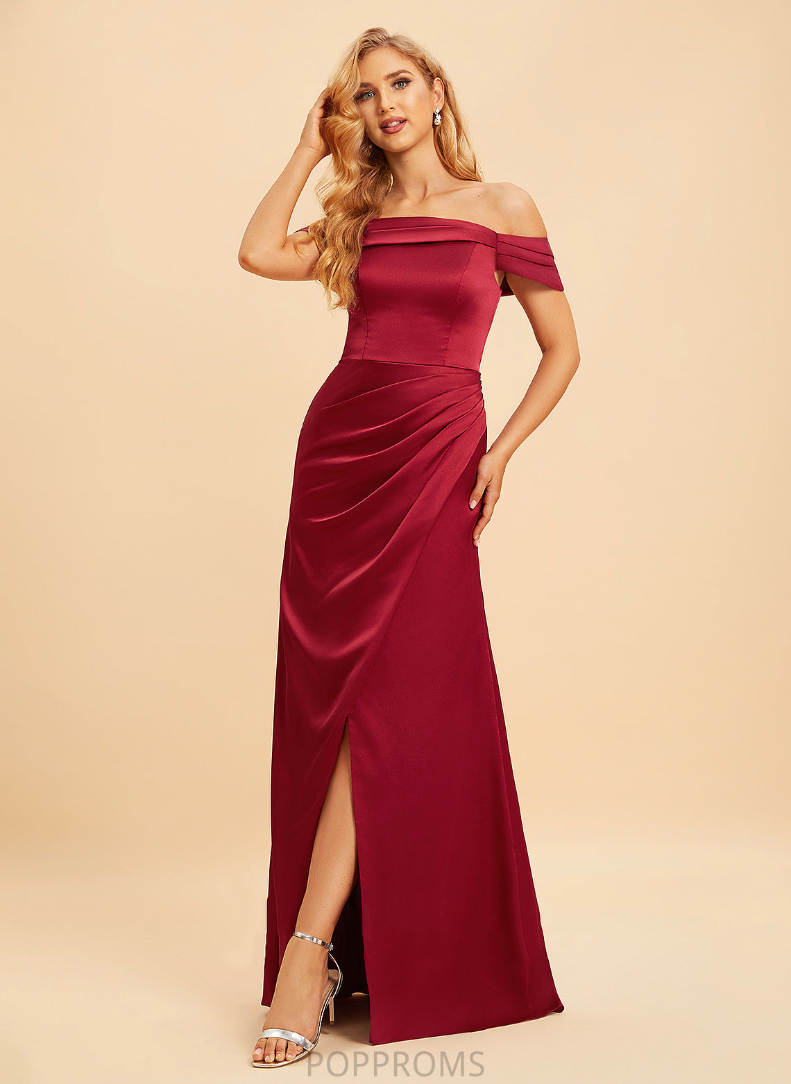 Off-the-Shoulder Embellishment A-Line Fabric Length Neckline Floor-Length Silhouette SplitFront Livia A-Line/Princess Natural Waist Bridesmaid Dresses