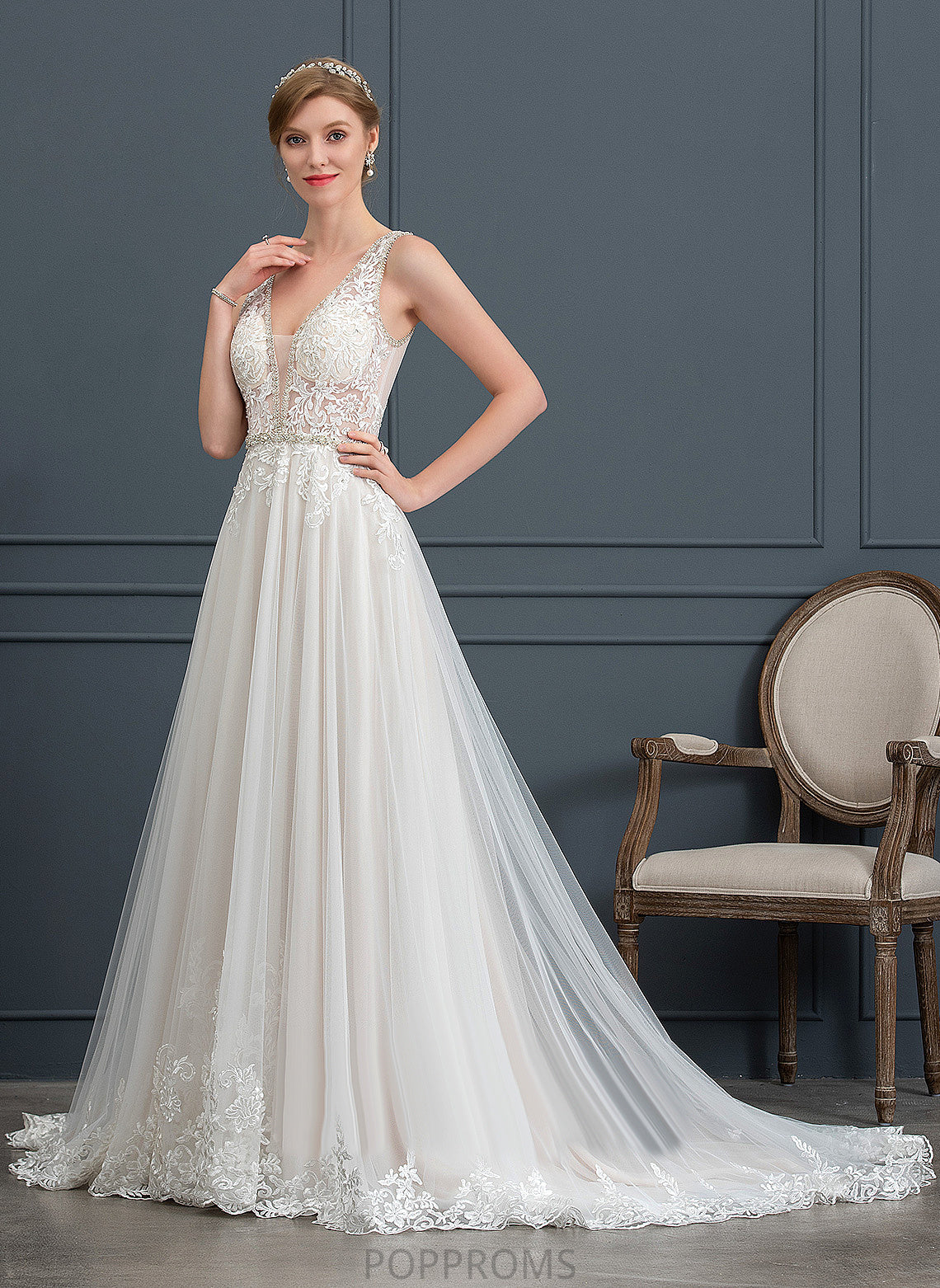 Sequins Ball-Gown/Princess Wedding Dresses Lace Karsyn Dress V-neck With Tulle Wedding Train Court Beading