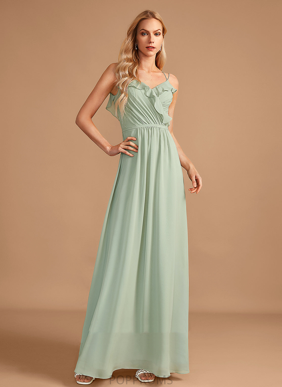 A-Line V-neck Neckline Silhouette Floor-Length Embellishment Ruffle Fabric Length Danika Sleeveless Floor Length Bridesmaid Dresses