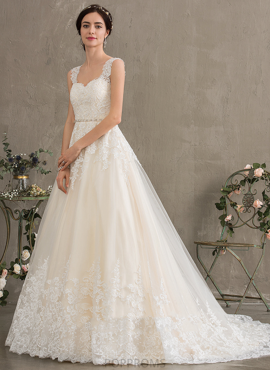 Ball-Gown/Princess Wedding Dress Arielle Train Lace Tulle Wedding Dresses Beading Sweetheart With Sequins Court