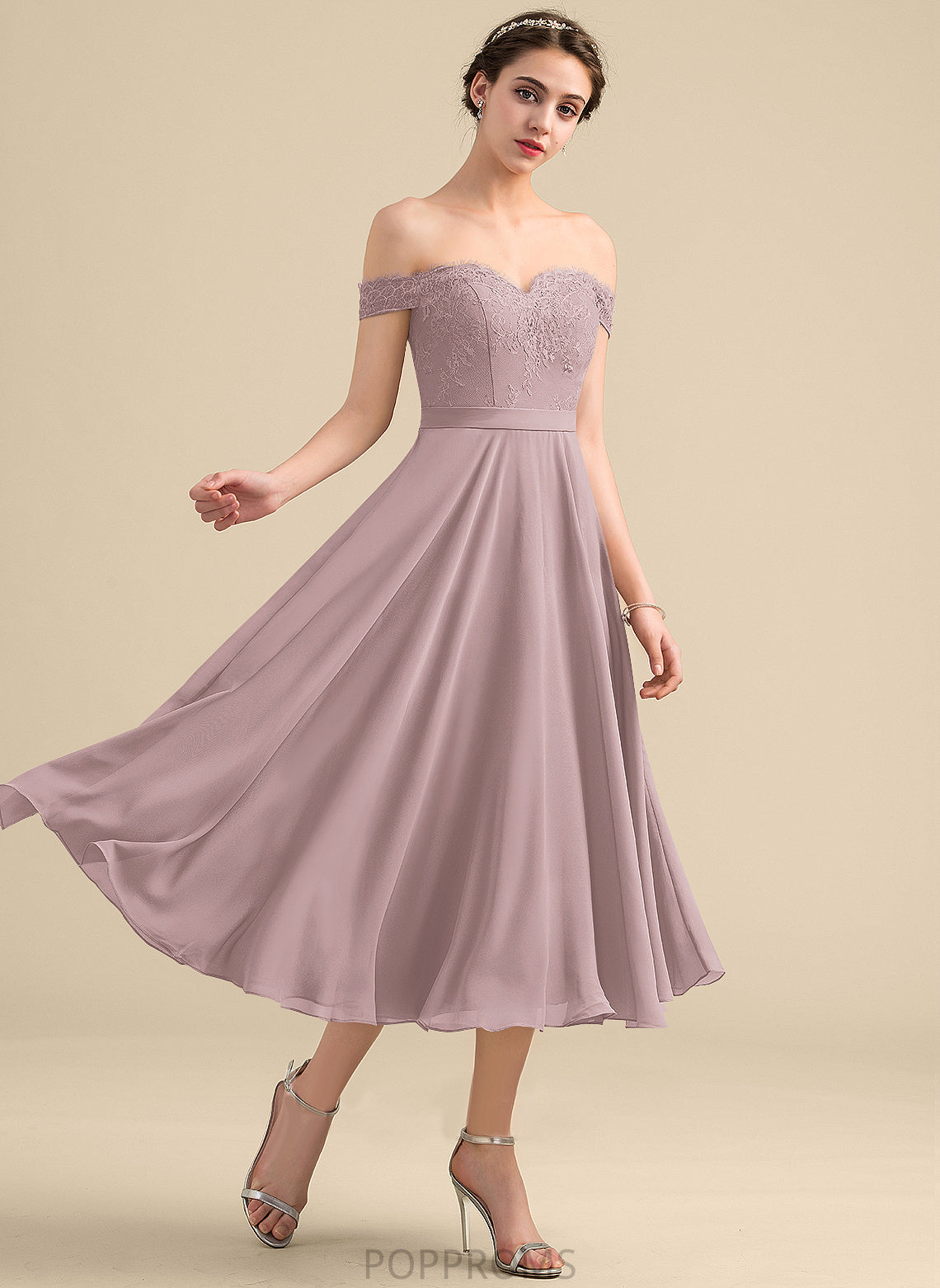 Length Silhouette Tea-Length Beading A-Line Embellishment Neckline Off-the-Shoulder Fabric Yasmin Spaghetti Staps Sleeveless Bridesmaid Dresses