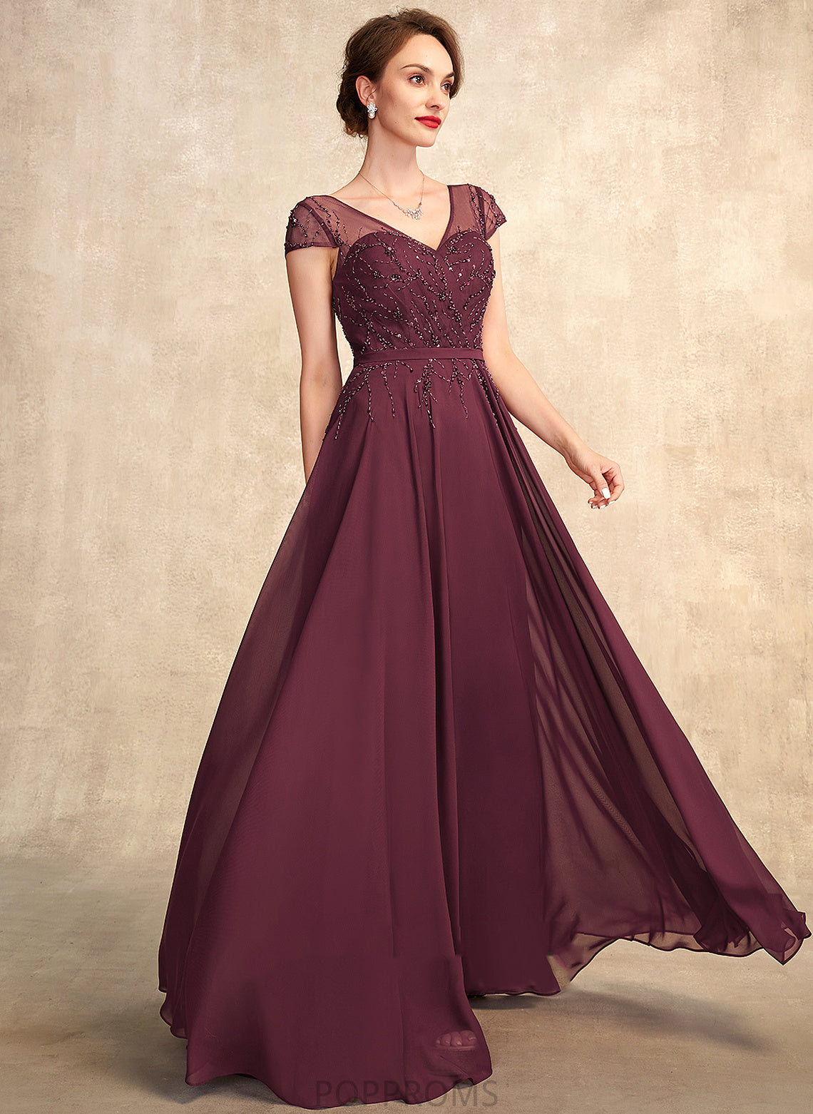 V-neck With Dress Sequins Mother Chiffon Bride Mother of the Bride Dresses Brooklynn of Floor-Length the Beading A-Line