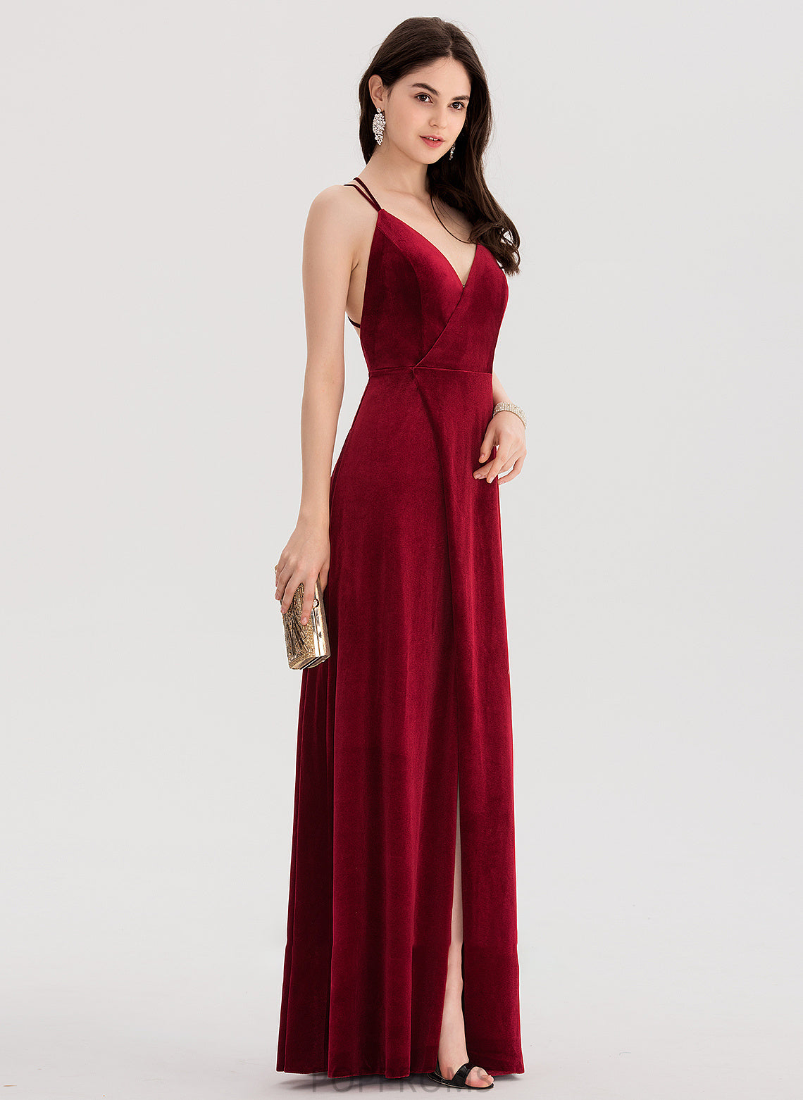 With Split Floor-Length A-Line Malia Velvet V-neck Front Prom Dresses