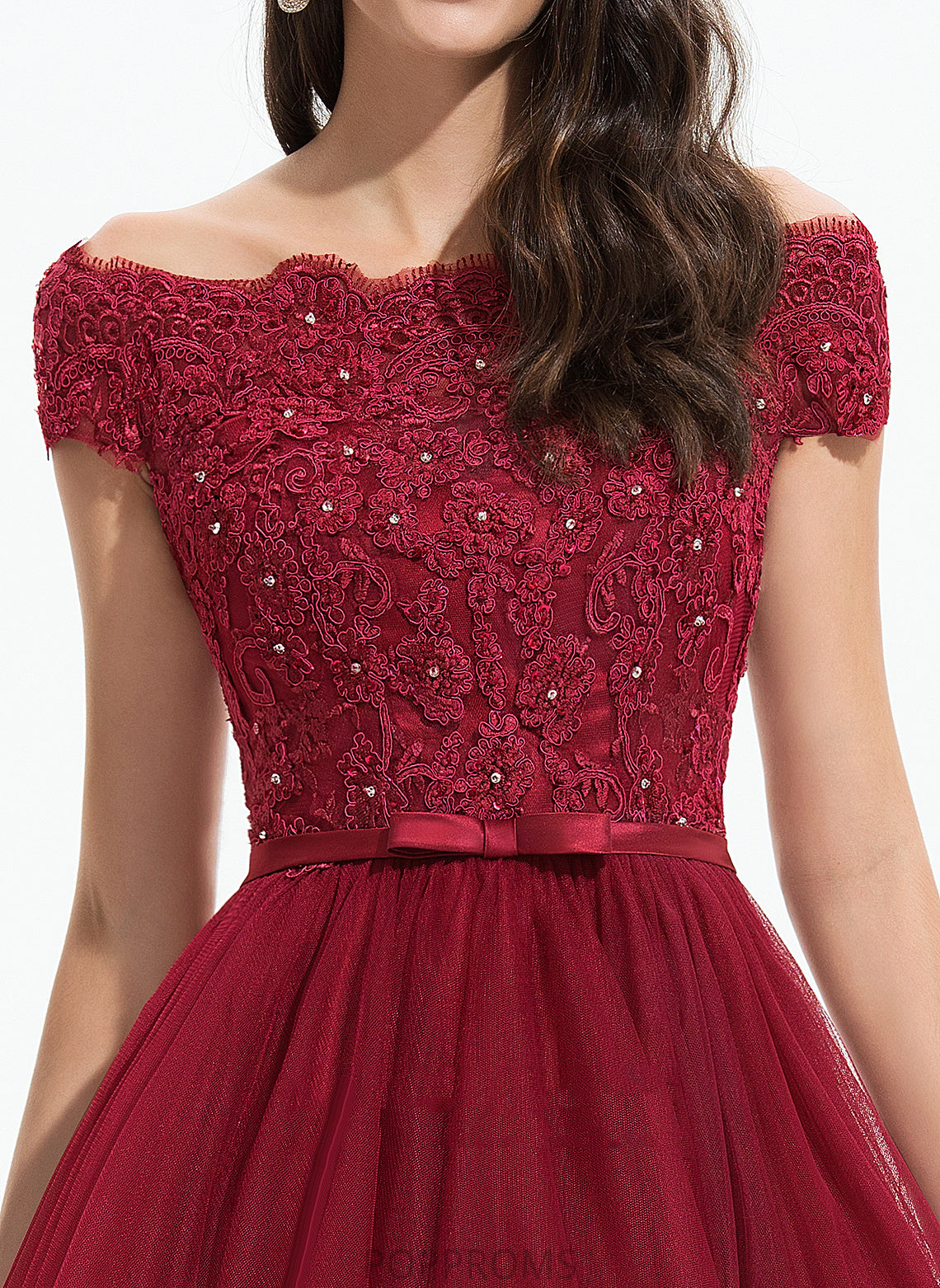 With Off-the-Shoulder A-Line Sequins Lace Tulle Asymmetrical Diya Beading Bow(s) Prom Dresses