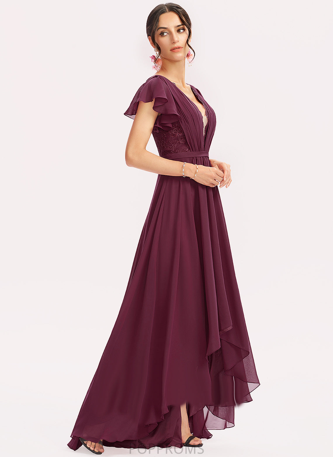 Ruffles Cocktail Dresses Chiffon Asymmetrical A-Line Cascading Nell Cocktail Lace V-neck Dress With