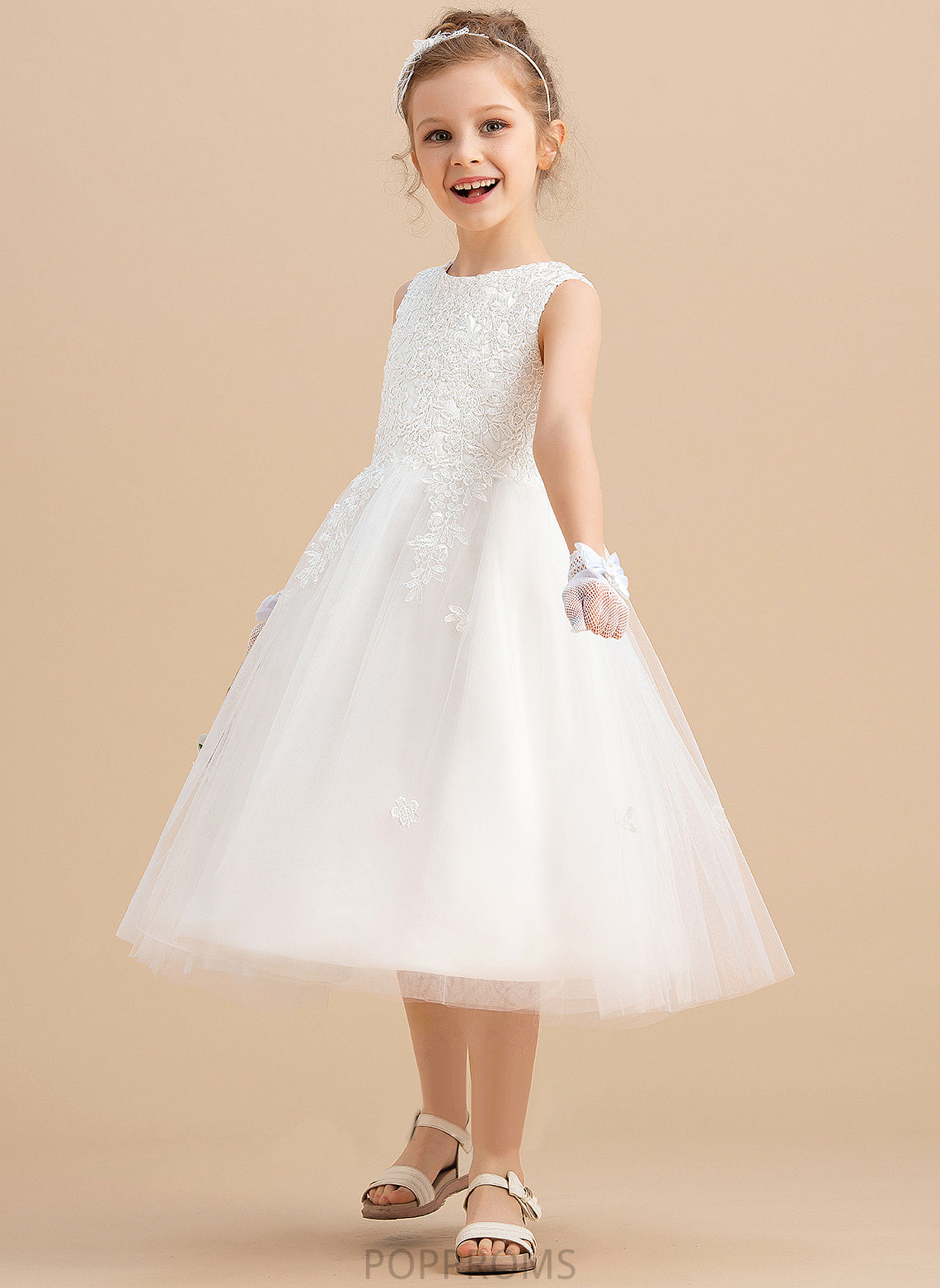 Girl Scoop Tea-length Bow(s) Neck Sleeveless A-Line Eva Satin/Tulle - With Flower Flower Girl Dresses Dress