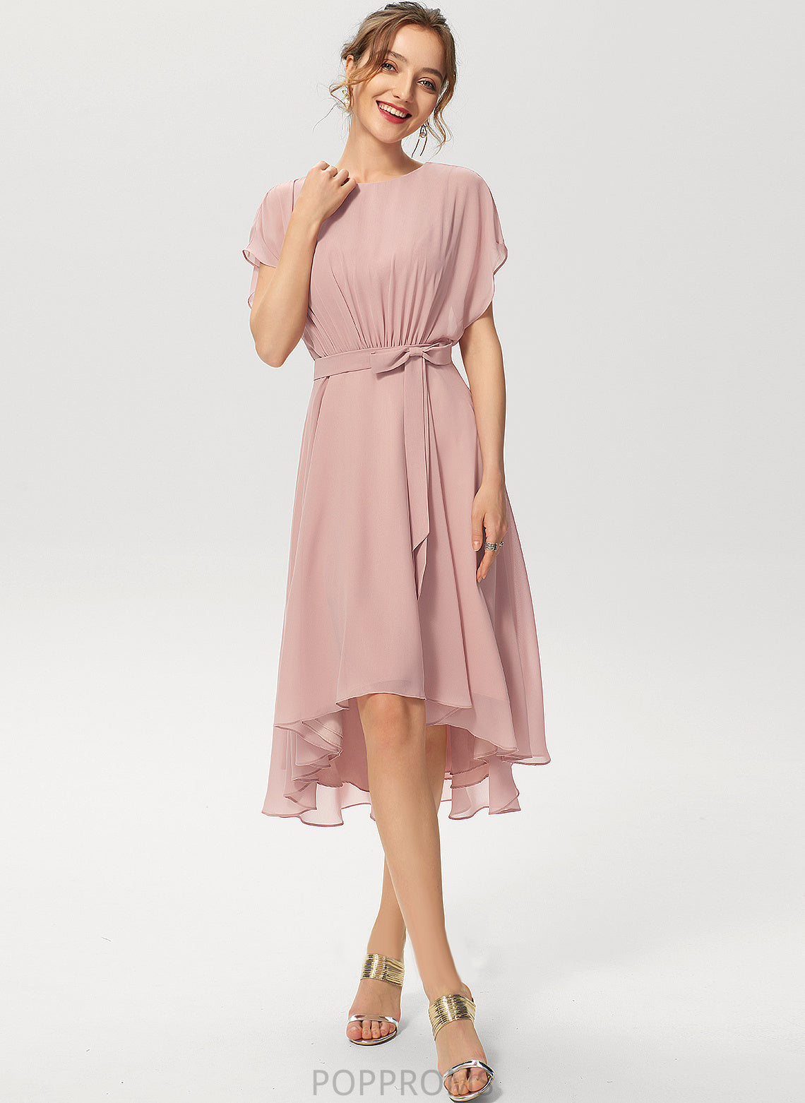 A-Line Neck Ruffle Bow(s) Cocktail Scoop Dress Cocktail Dresses With Asymmetrical Brisa Chiffon