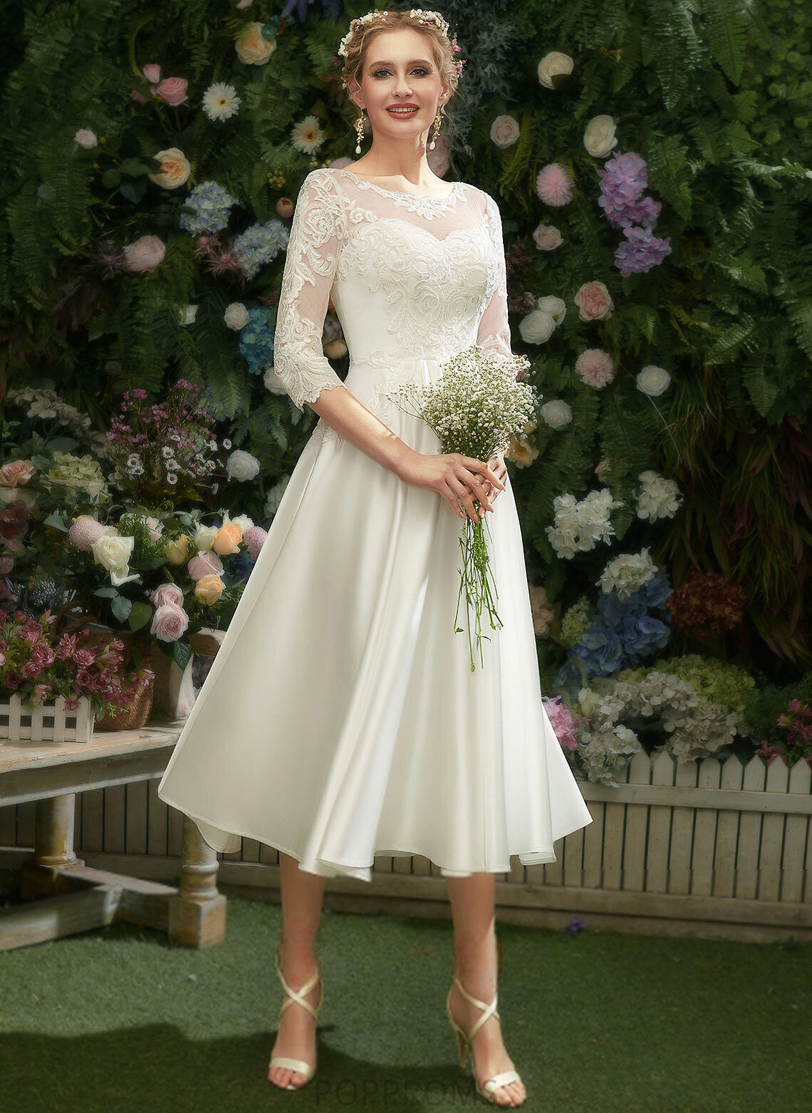 A-Line Wedding Maud Lace Wedding Dresses Tea-Length Illusion Satin Dress