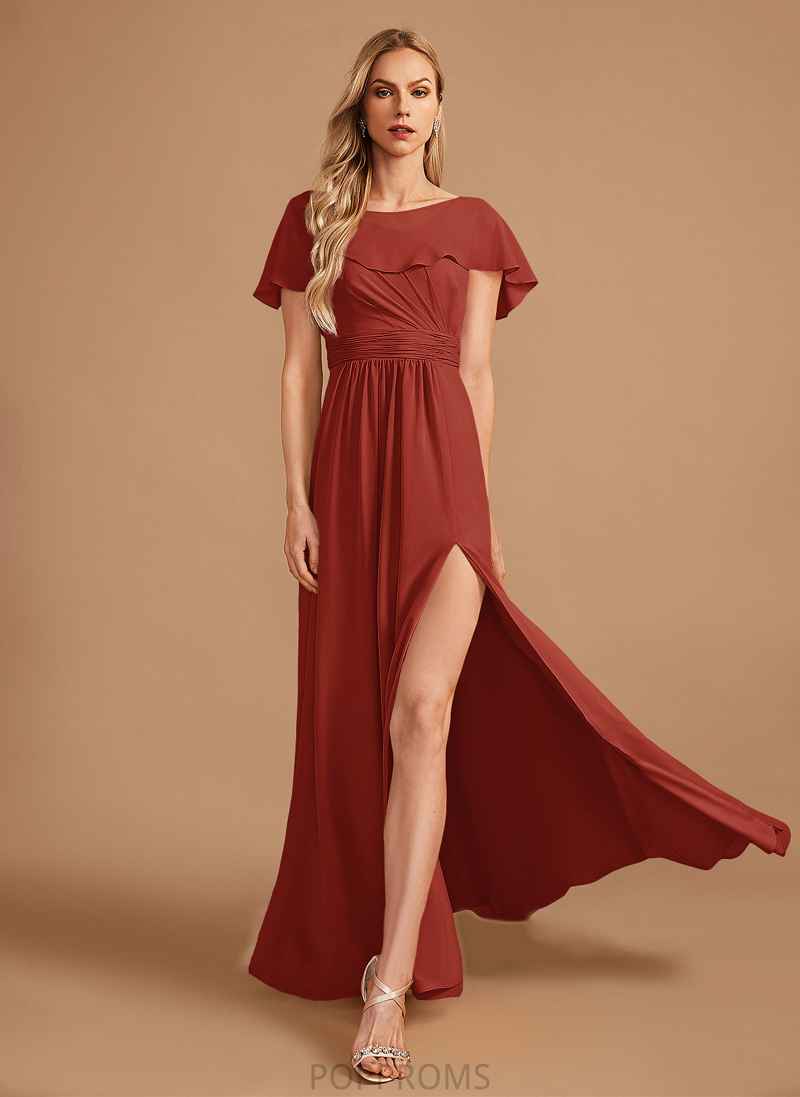 A-Line HighNeck Silhouette Neckline SplitFront Floor-Length Ruffle Fabric Embellishment Length Sherry Floor Length Bridesmaid Dresses