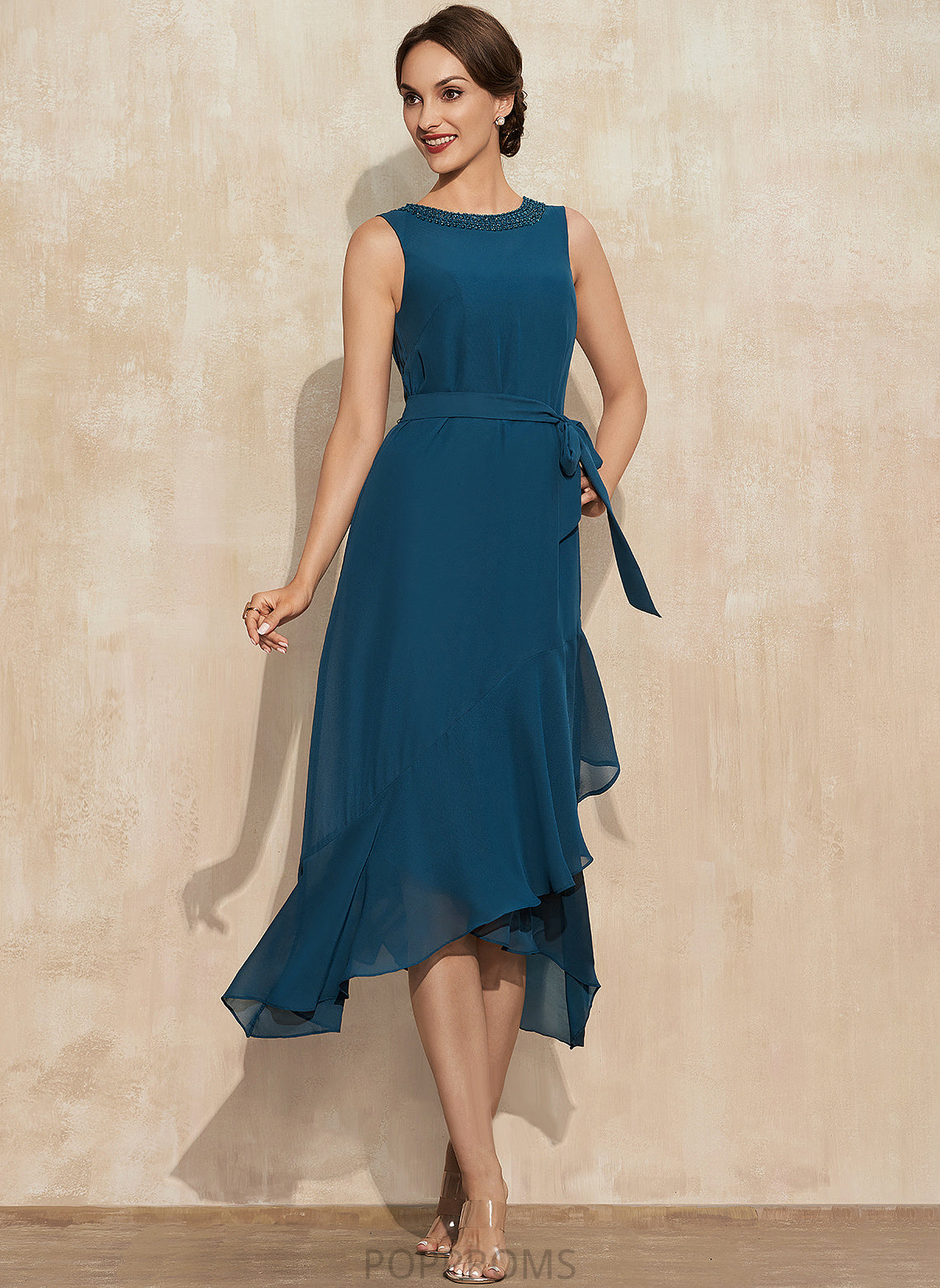 Cascading Chiffon Neck Jillian Scoop Ruffles Beading Dress Cocktail A-Line Asymmetrical Cocktail Dresses With