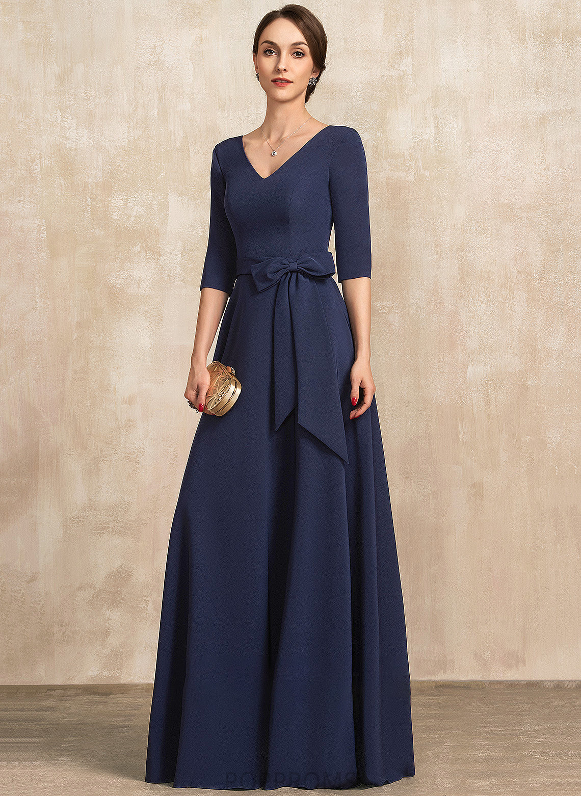 Mother of the Bride Dresses Bride With the Bow(s) V-neck A-Line of Princess Mother Dress Stretch Floor-Length Crepe