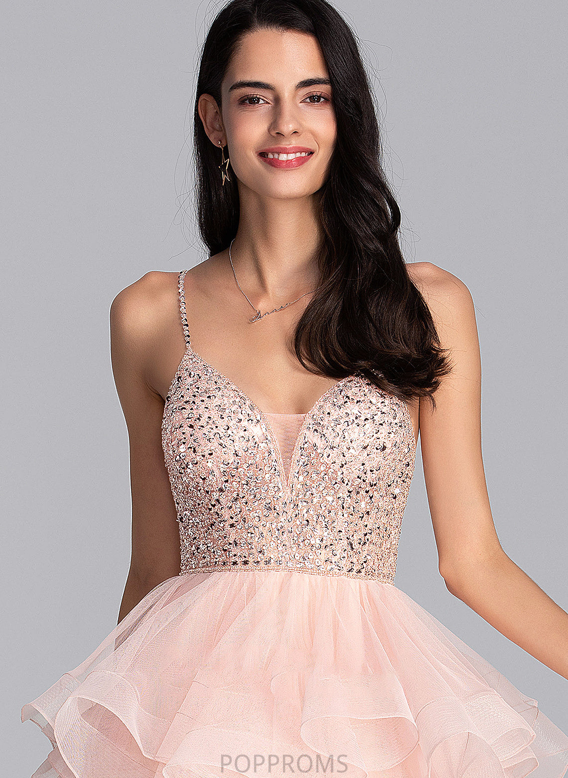 With V-neck Knee-Length Ball-Gown/Princess Prom Dresses Beading Tulle Casey Sequins