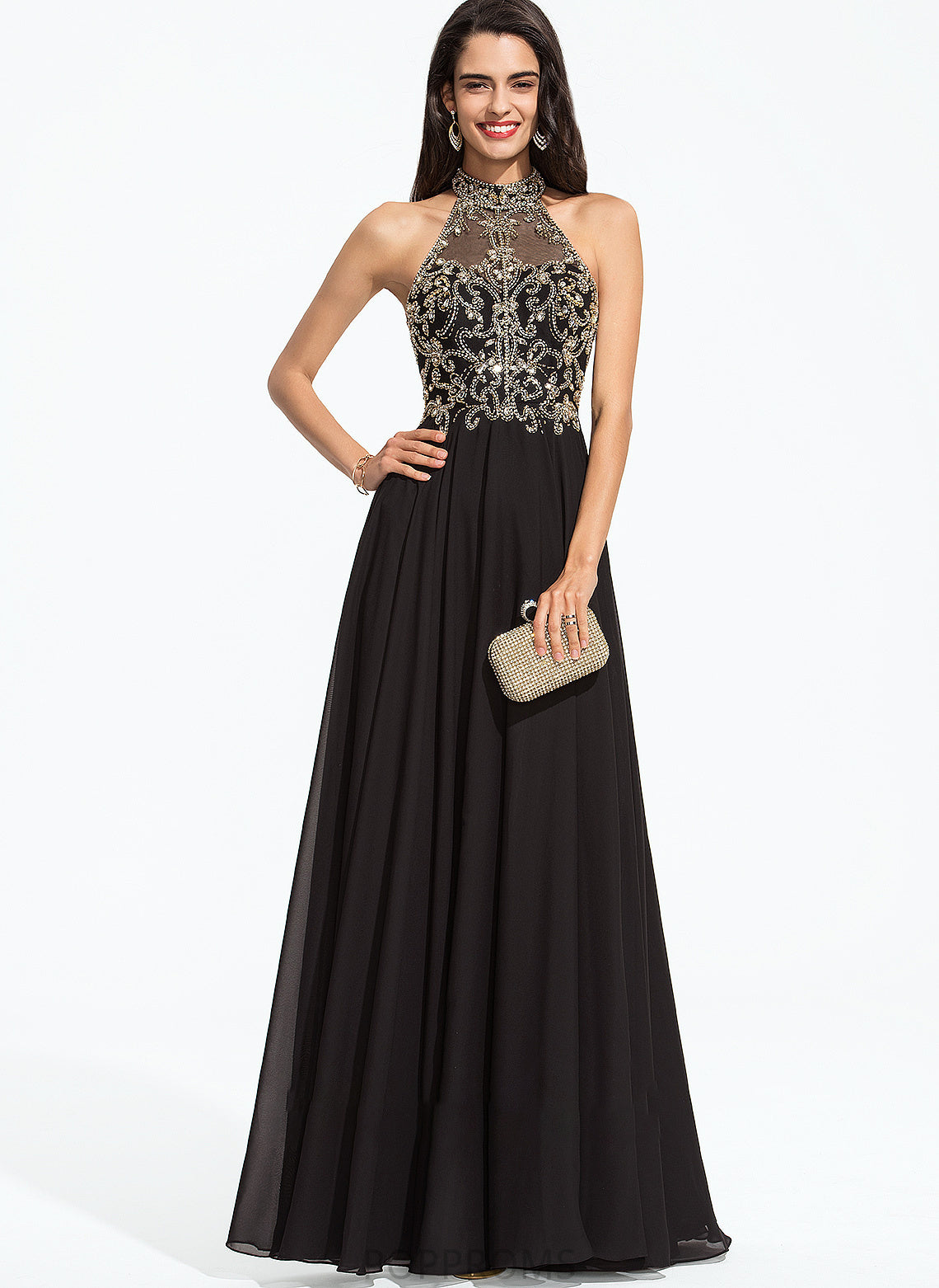 Prom Dresses Floor-Length Chiffon Beading A-Line Neck With Joselyn High Sequins