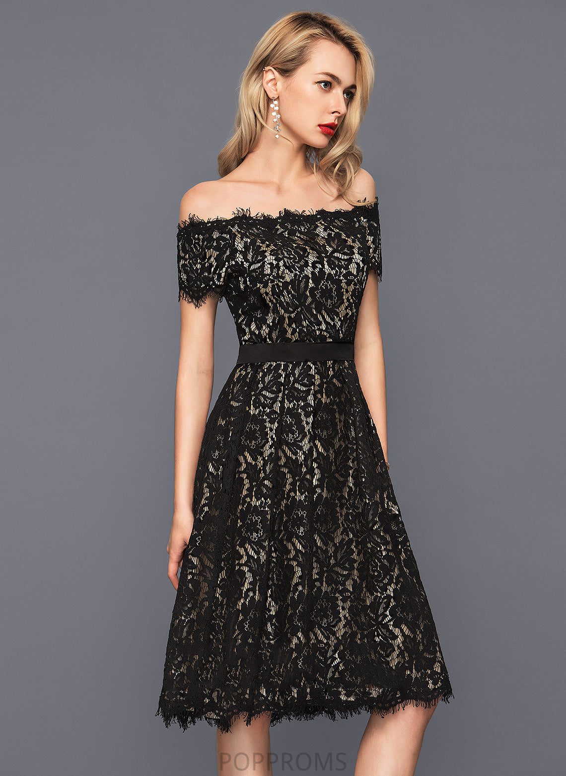 Off-the-Shoulder Charmeuse Liberty Cocktail Lace Knee-Length Cocktail Dresses A-Line Dress